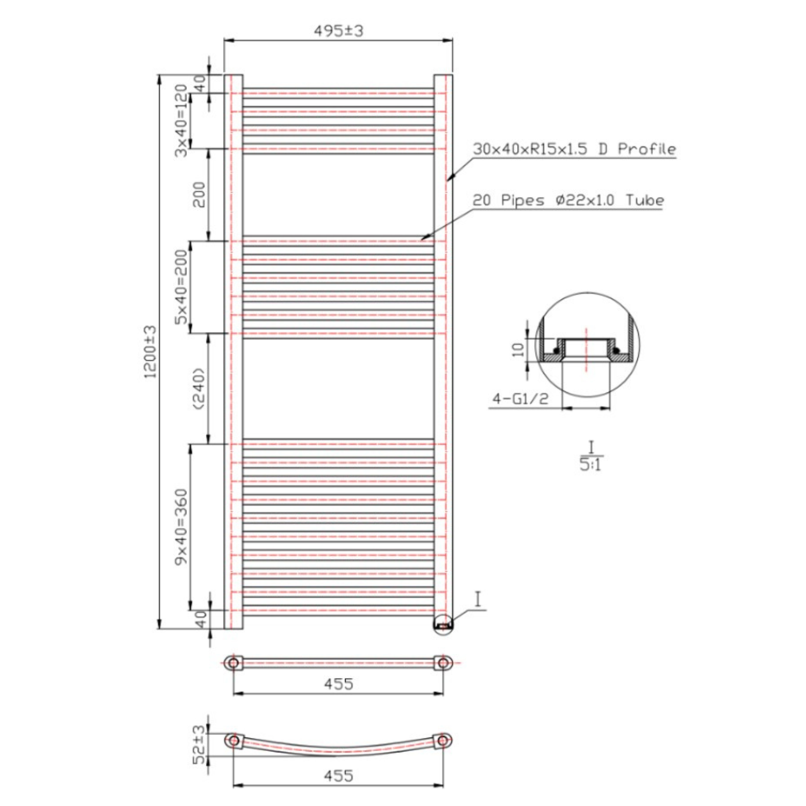 Technical drawing of a radiator with dimensions and specifications