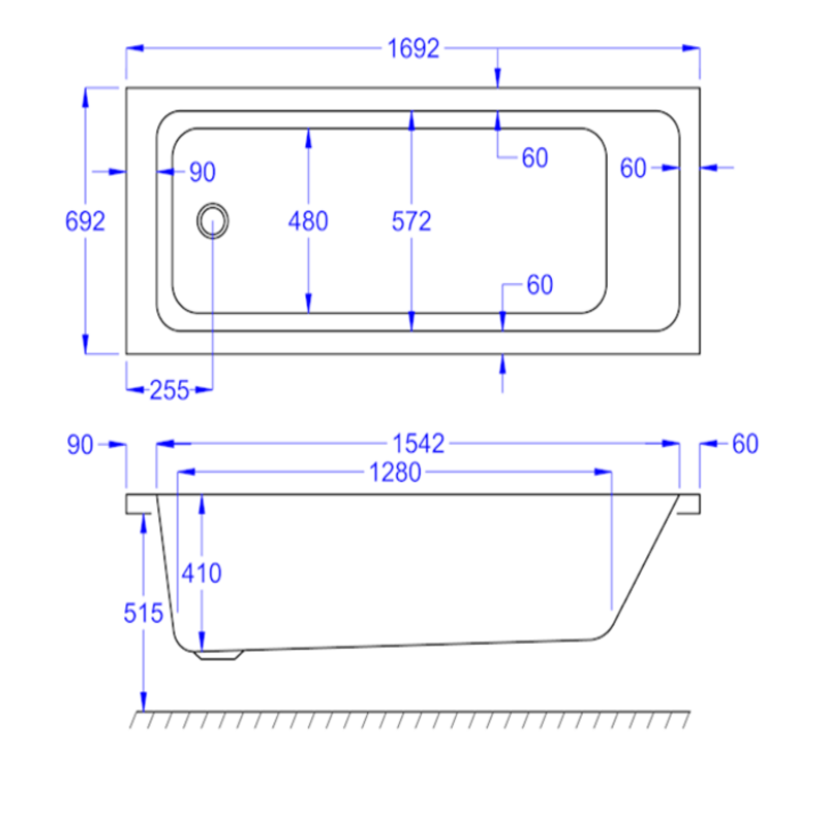 Technical drawing of a rectangular sink with dimensions labeled