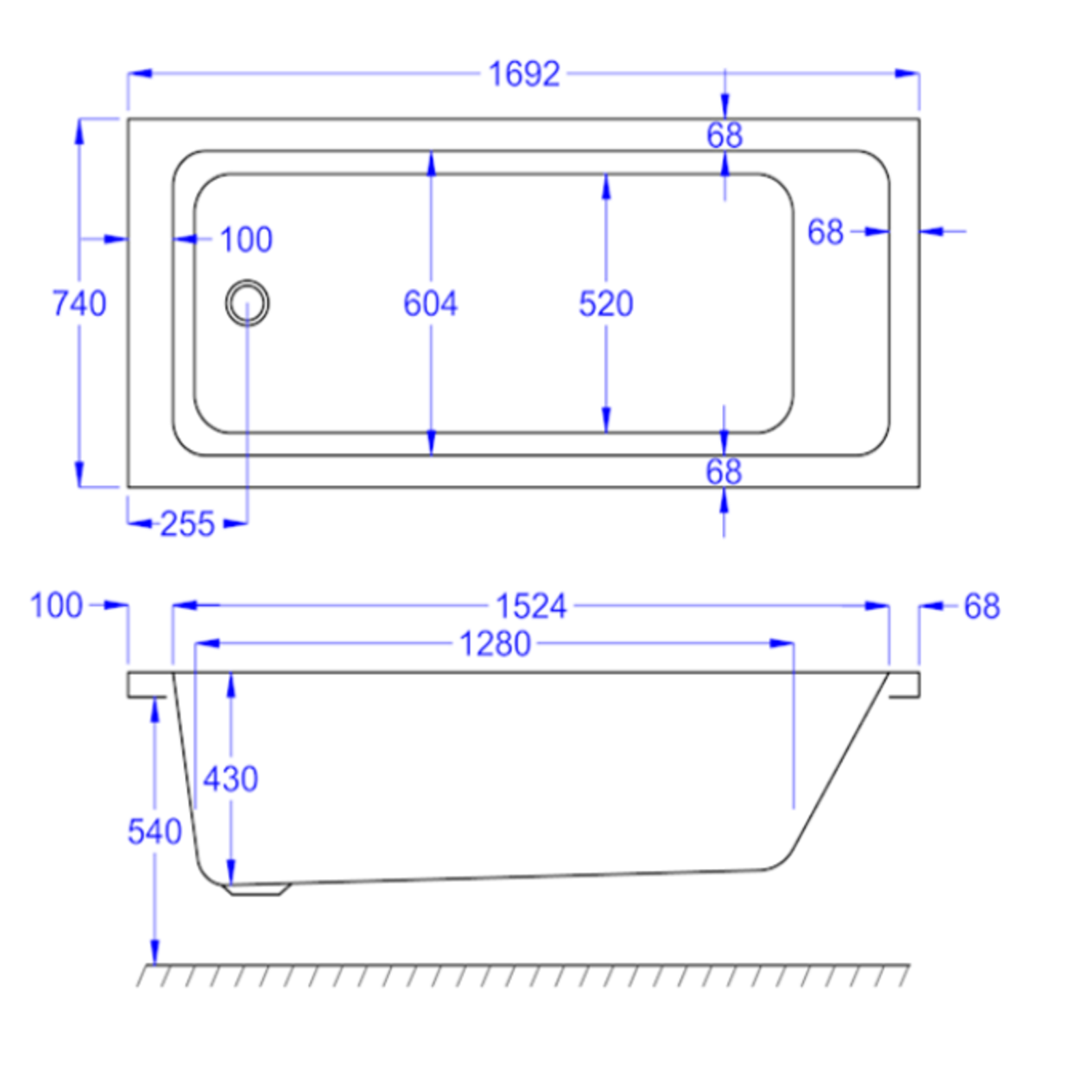Technical drawing of a bathtub with dimensions labeled