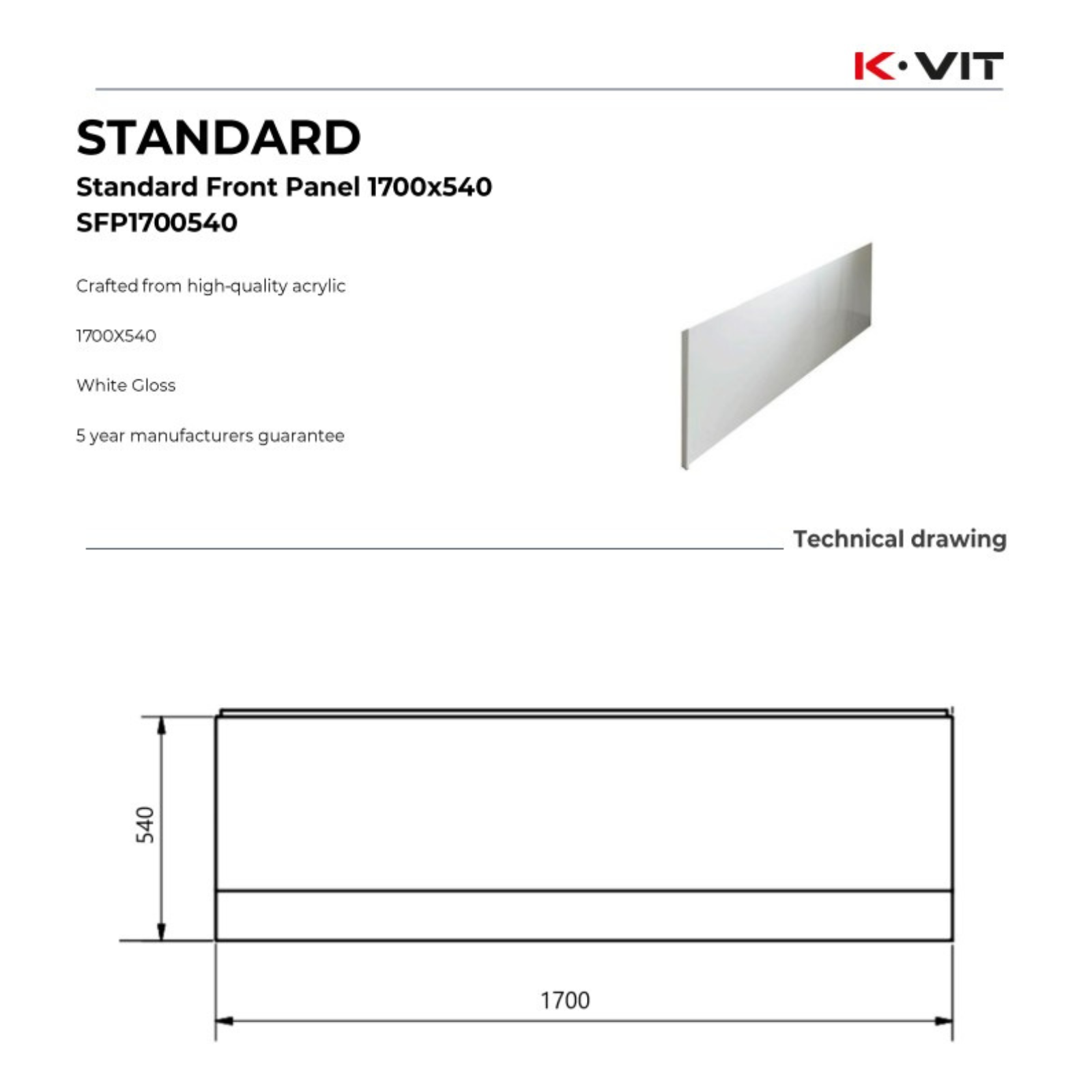 Technical drawing of a K-Vit standard front panel with dimensions and material details.