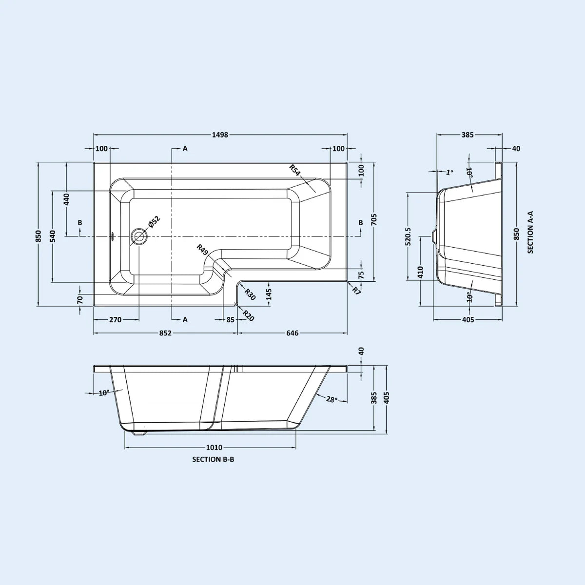 1500mm x 850mm L Shaped Left Hand Curved Shower Bath Acrylic