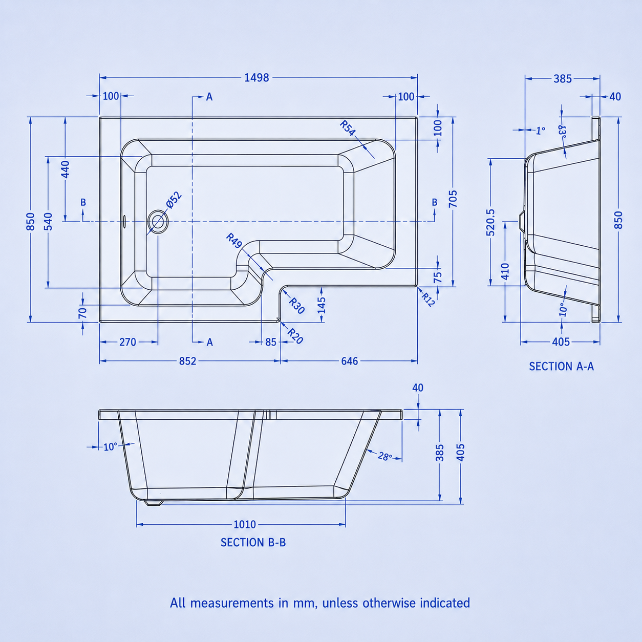 1500mm x 850mm L Shaped Left Hand Curved Shower Bath Acrylic