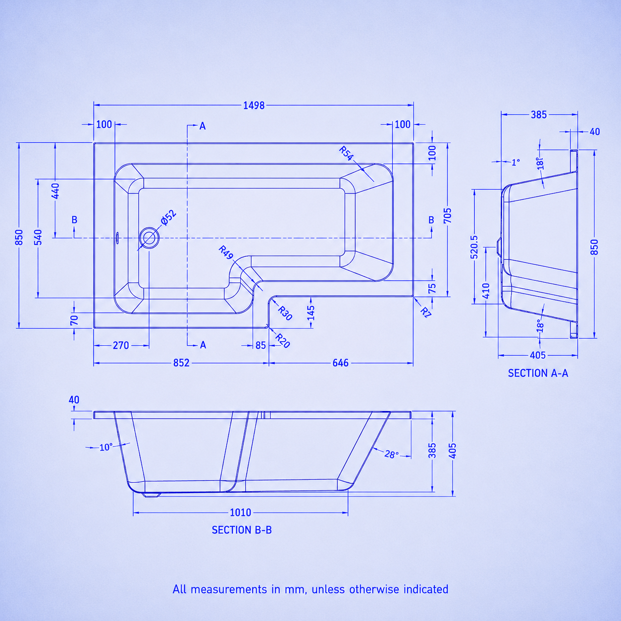1500mm x 850mm L Shaped LH Curved Shower Bath Acrylic Front Panel & Screen