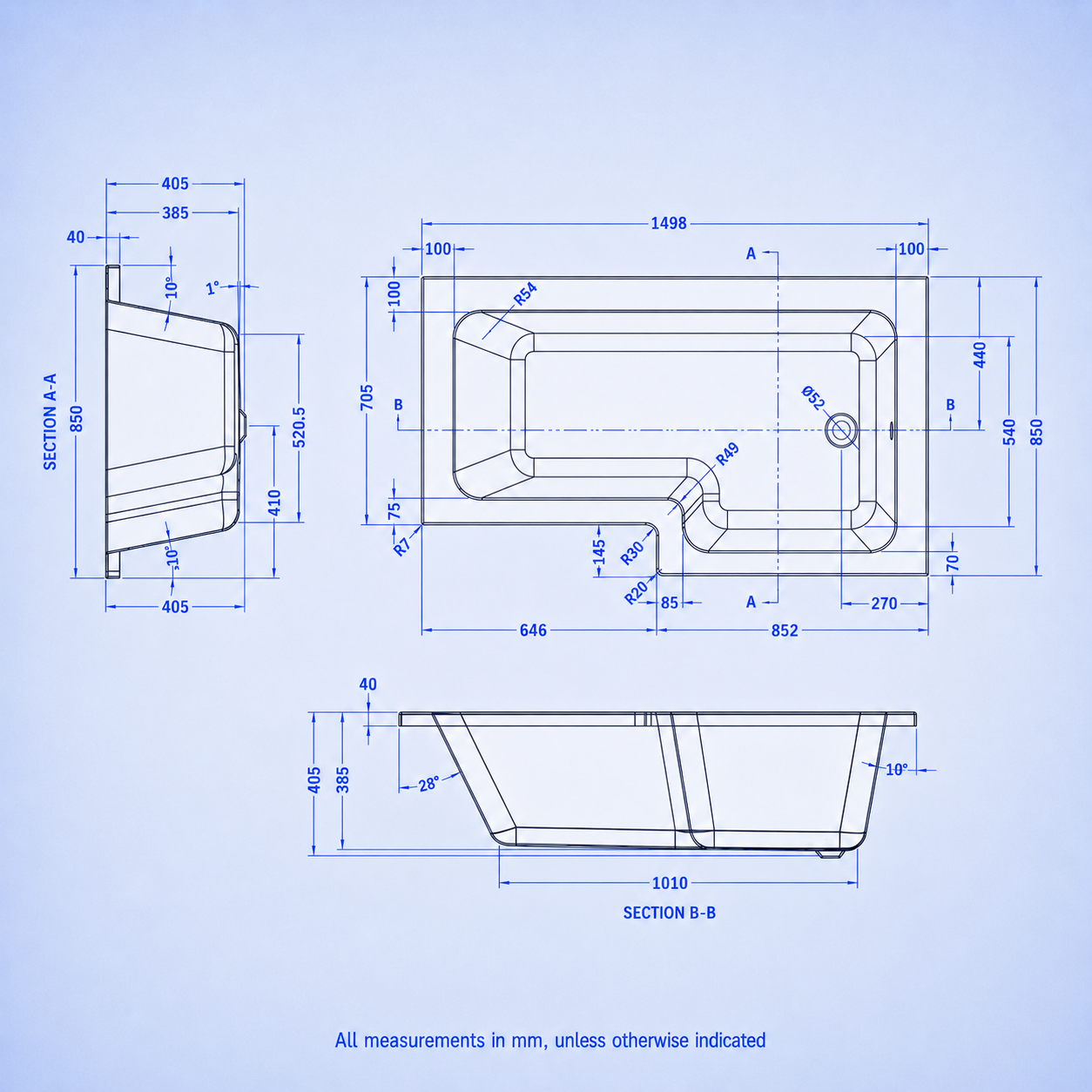 1500mm x 850mm L Shaped RH Curved Shower Bath Acrylic