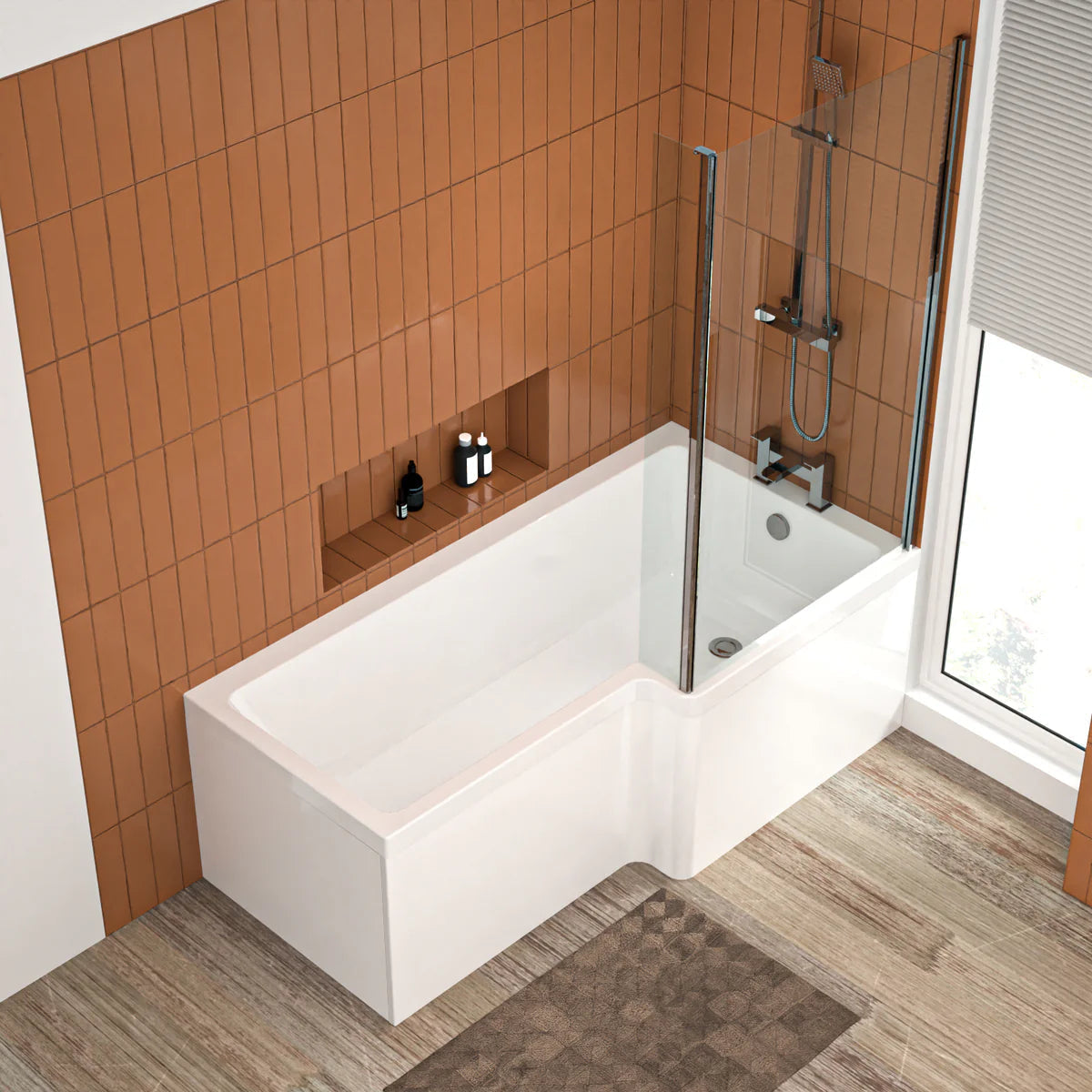 1600mm x 850mm L Shaped RH Curved Shower Bath Acrylic & Front Panel & Bath Screen