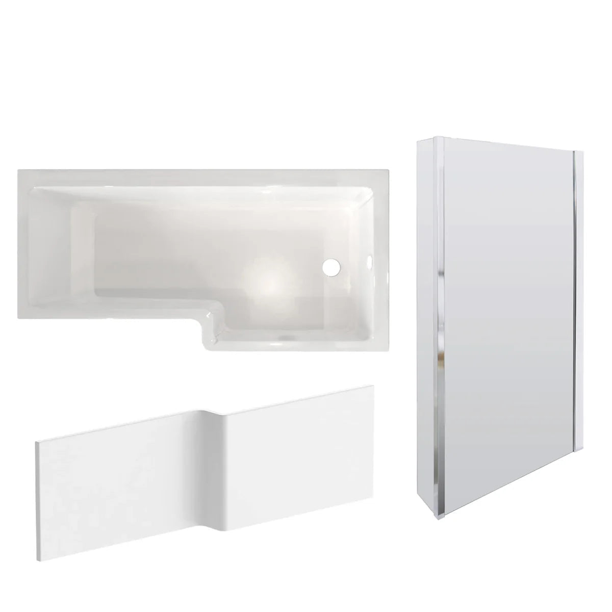 1600mm x 850mm L Shaped RH Curved Shower Bath Acrylic & Front Panel & Bath Screen