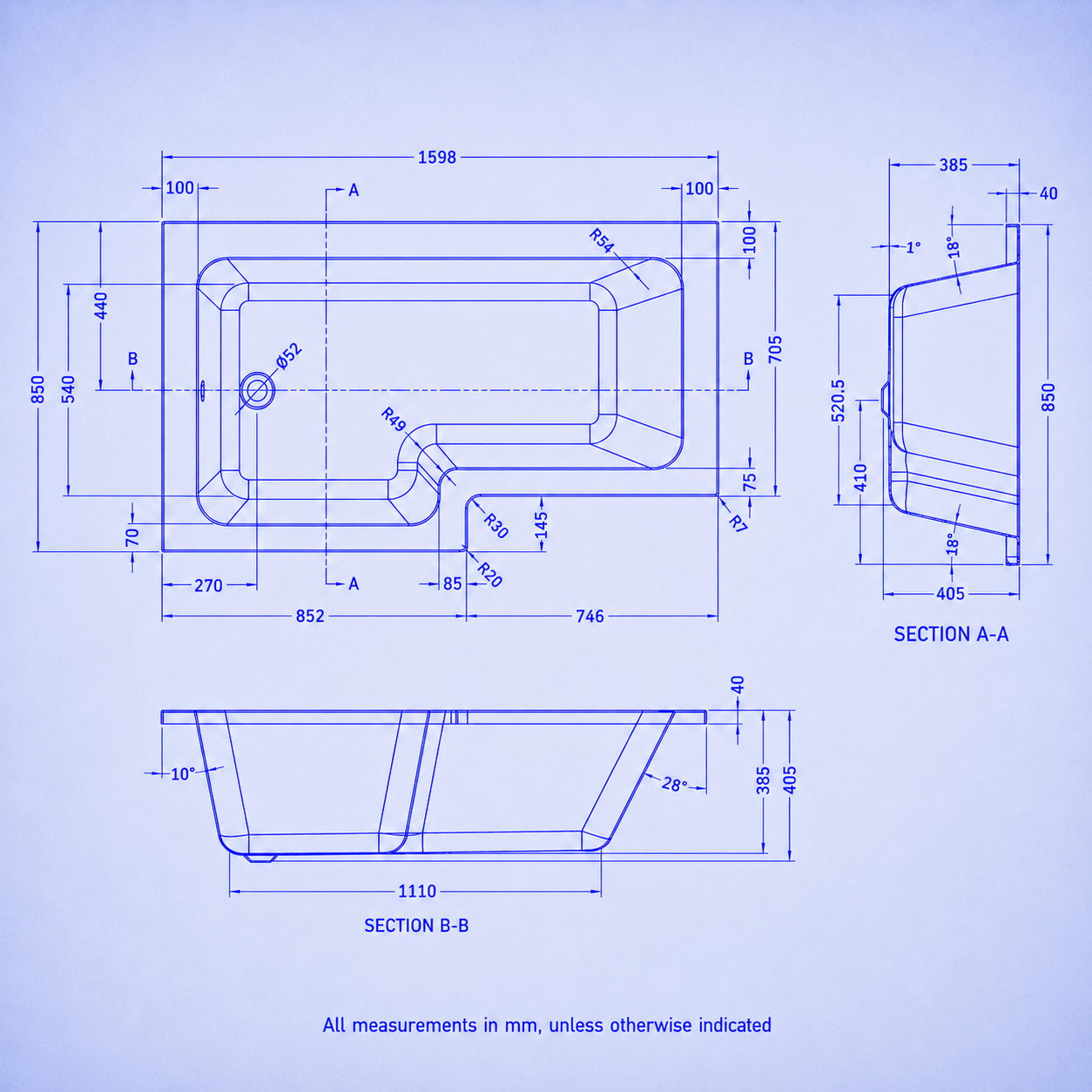 1600mm L Shaped Left Hand Curved Shower Bath Acrylic
