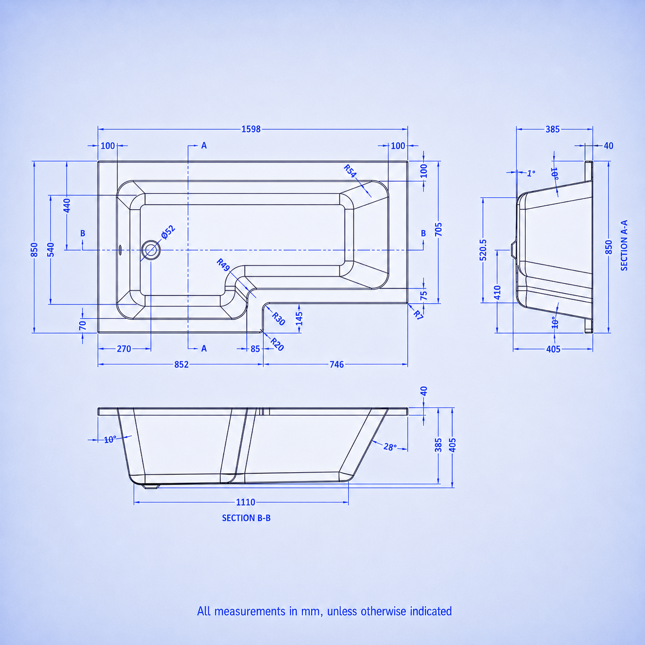 1600mm x 850mm L Shaped LH Curved Shower Bath Acrylic & Front Panel