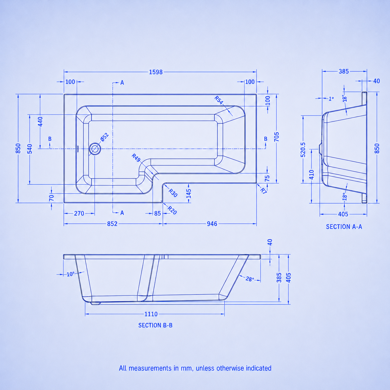 1600mm x 850mm L Shaped LH Curved Shower Bath Acrylic Front Panel & Screen