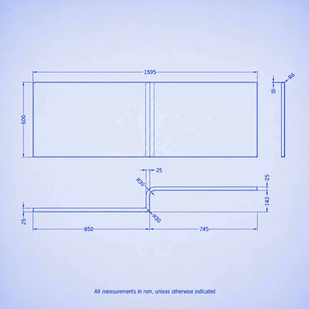 1600mm x 850mm L Shaped LH Curved Shower Bath Acrylic Front Panel & Screen