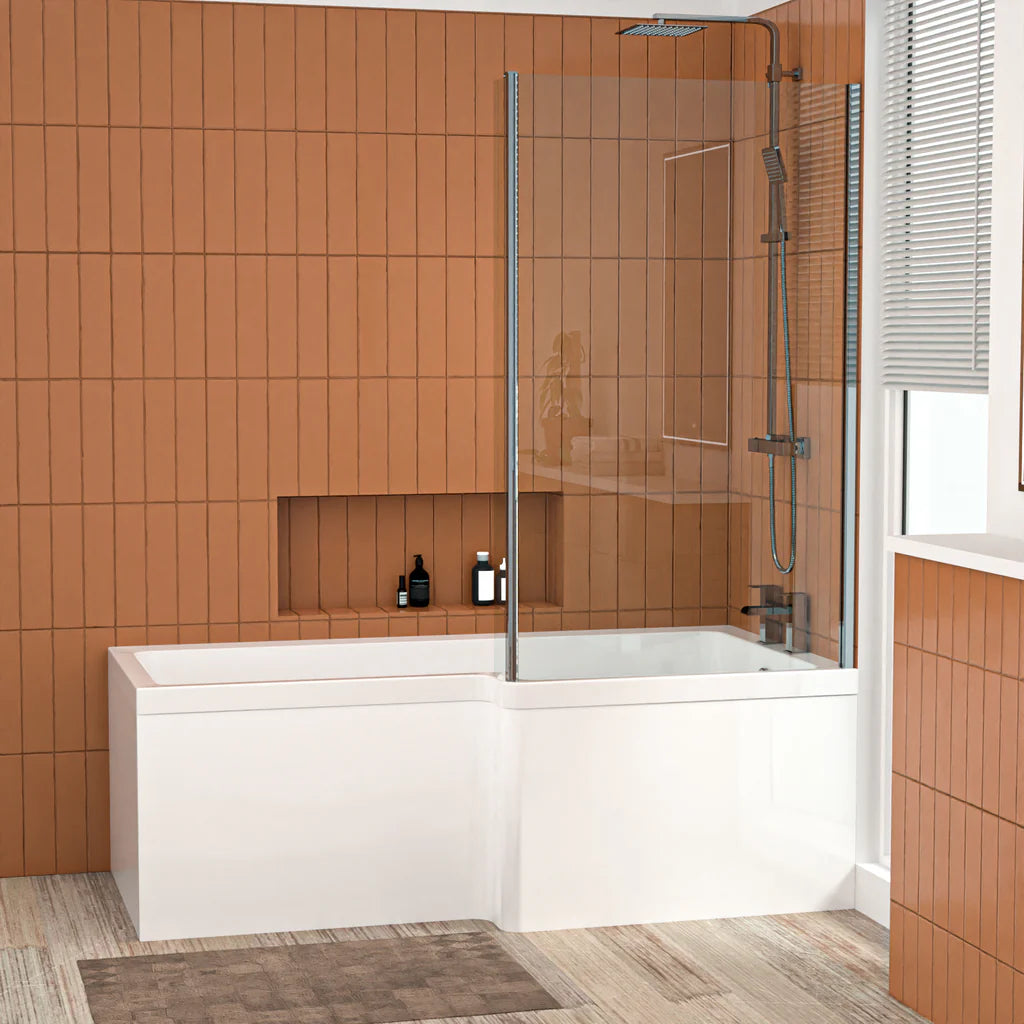 1600mm x 850mm L Shaped RH Curved Shower Bath Acrylic & Front Panel & Bath Screen