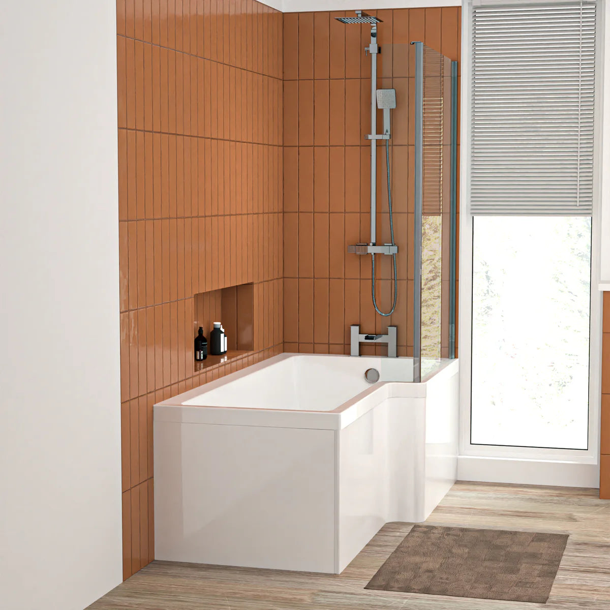 1600mm x 850mm L Shaped RH Curved Shower Bath Acrylic & Front Panel & Bath Screen