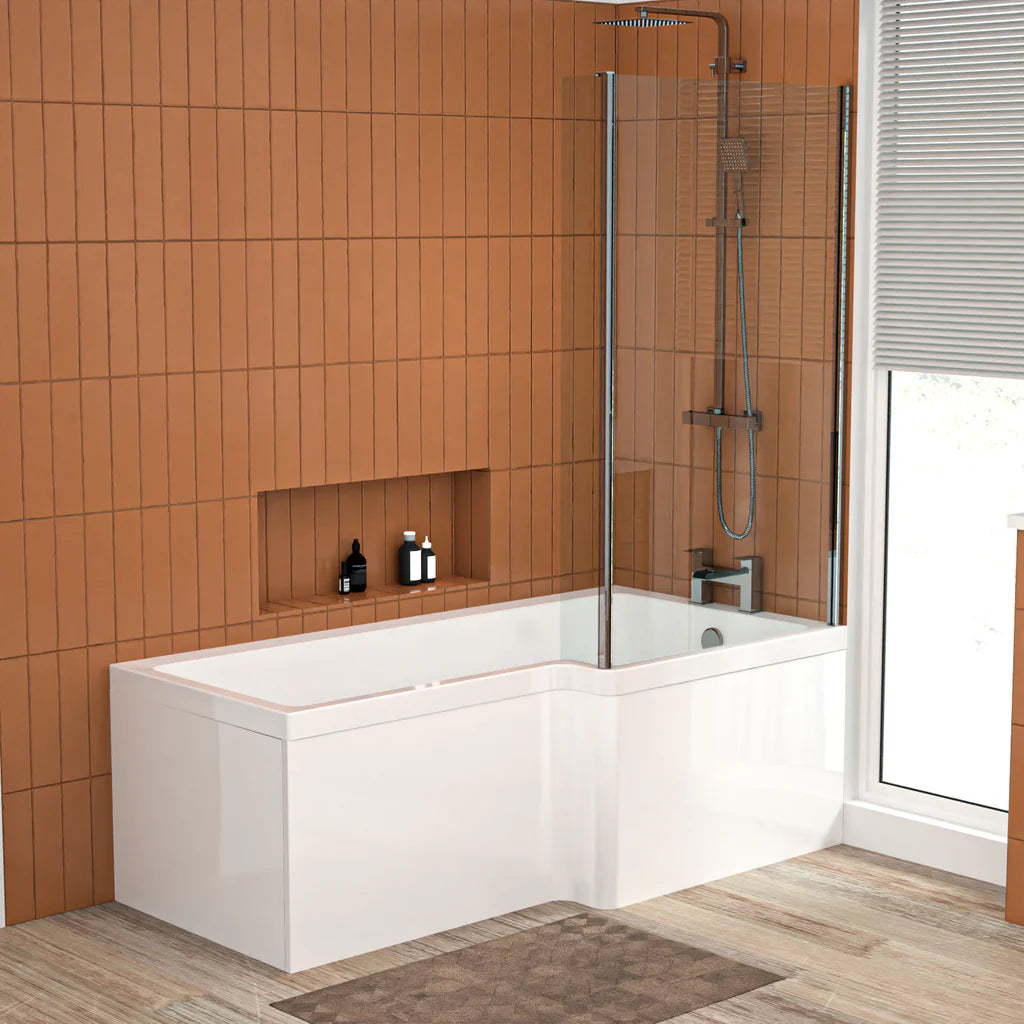 1600mm x 850mm L Shaped RH Curved Shower Bath Acrylic & Front Panel & Bath Screen