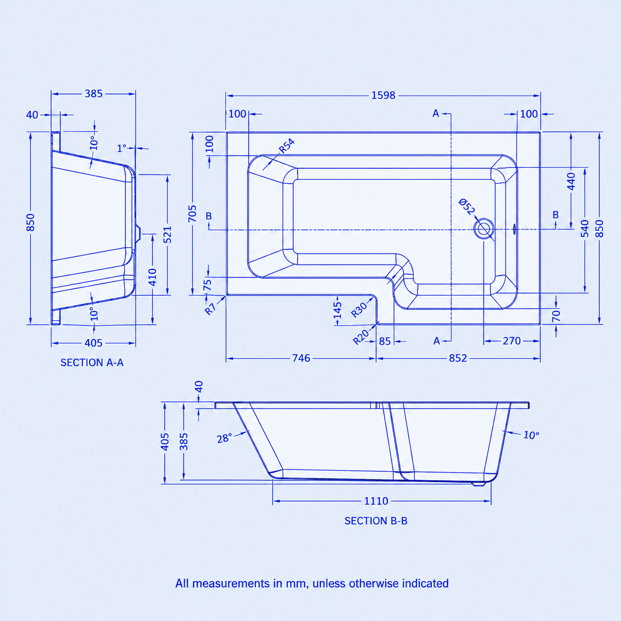 1600mm L Shaped Right Hand Curved Shower Bath Acrylic