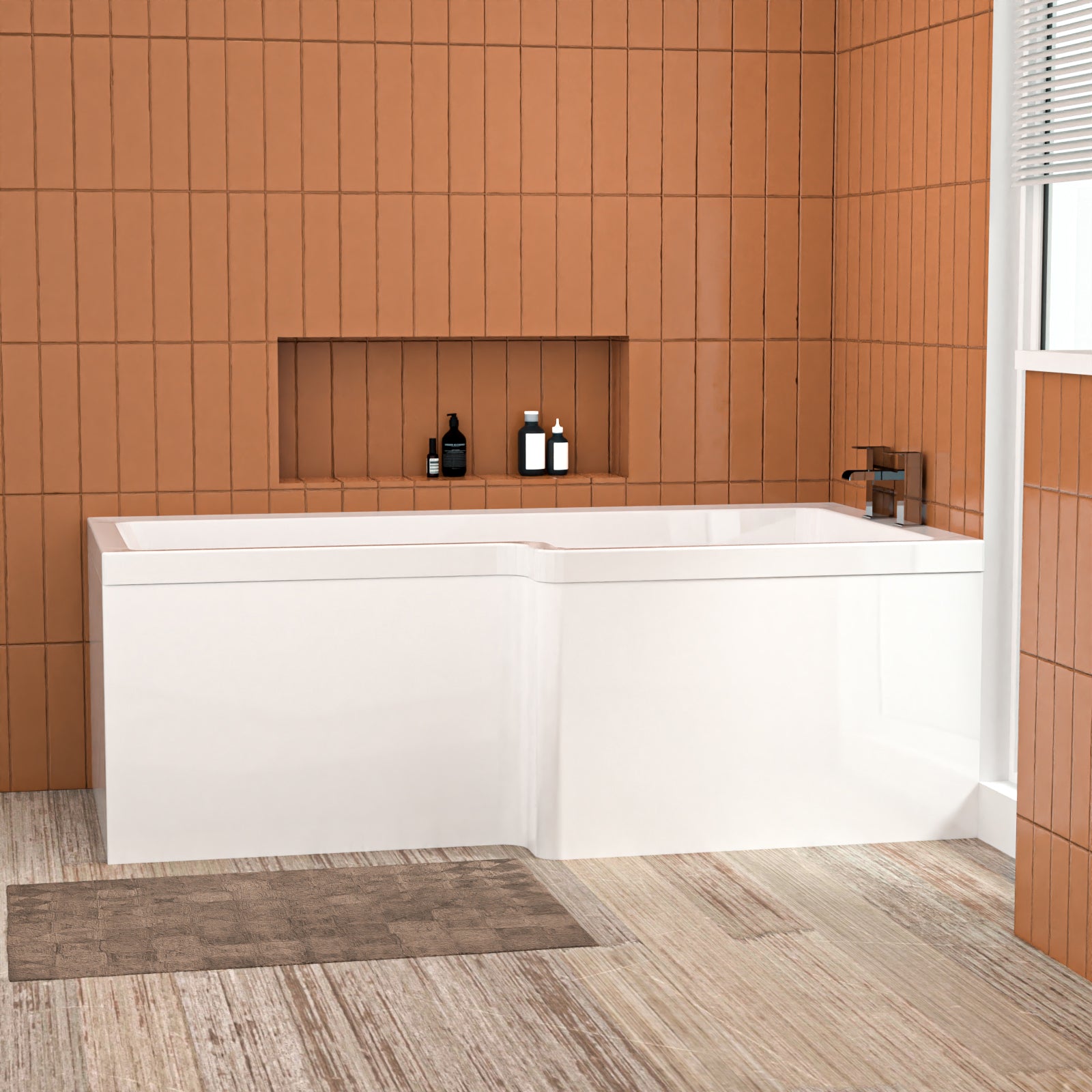 1600mm x 850mm L Shaped RH Curved Shower Bath Acrylic & Front Panel