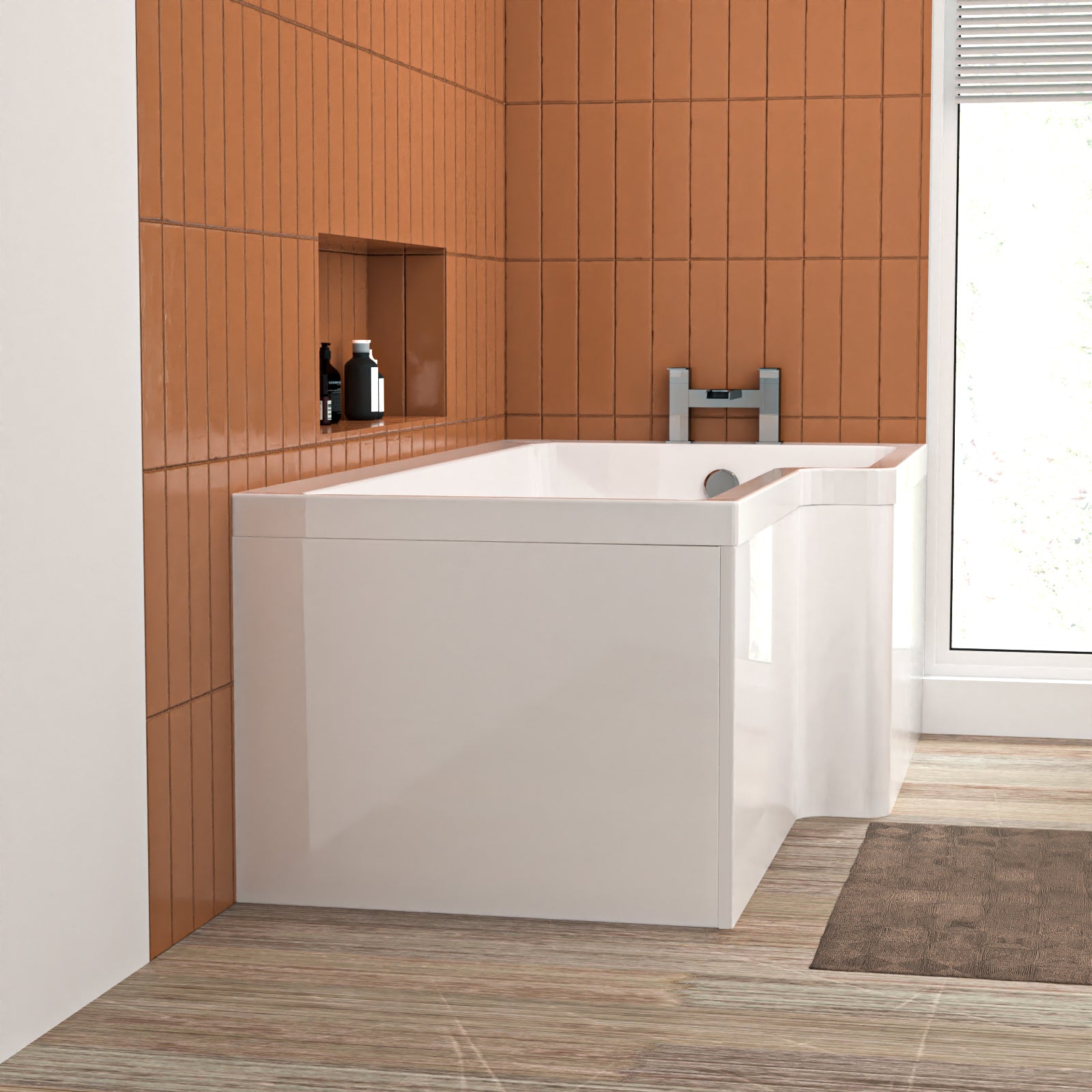 1600mm x 850mm L Shaped RH Curved Shower Bath Acrylic & Front Panel