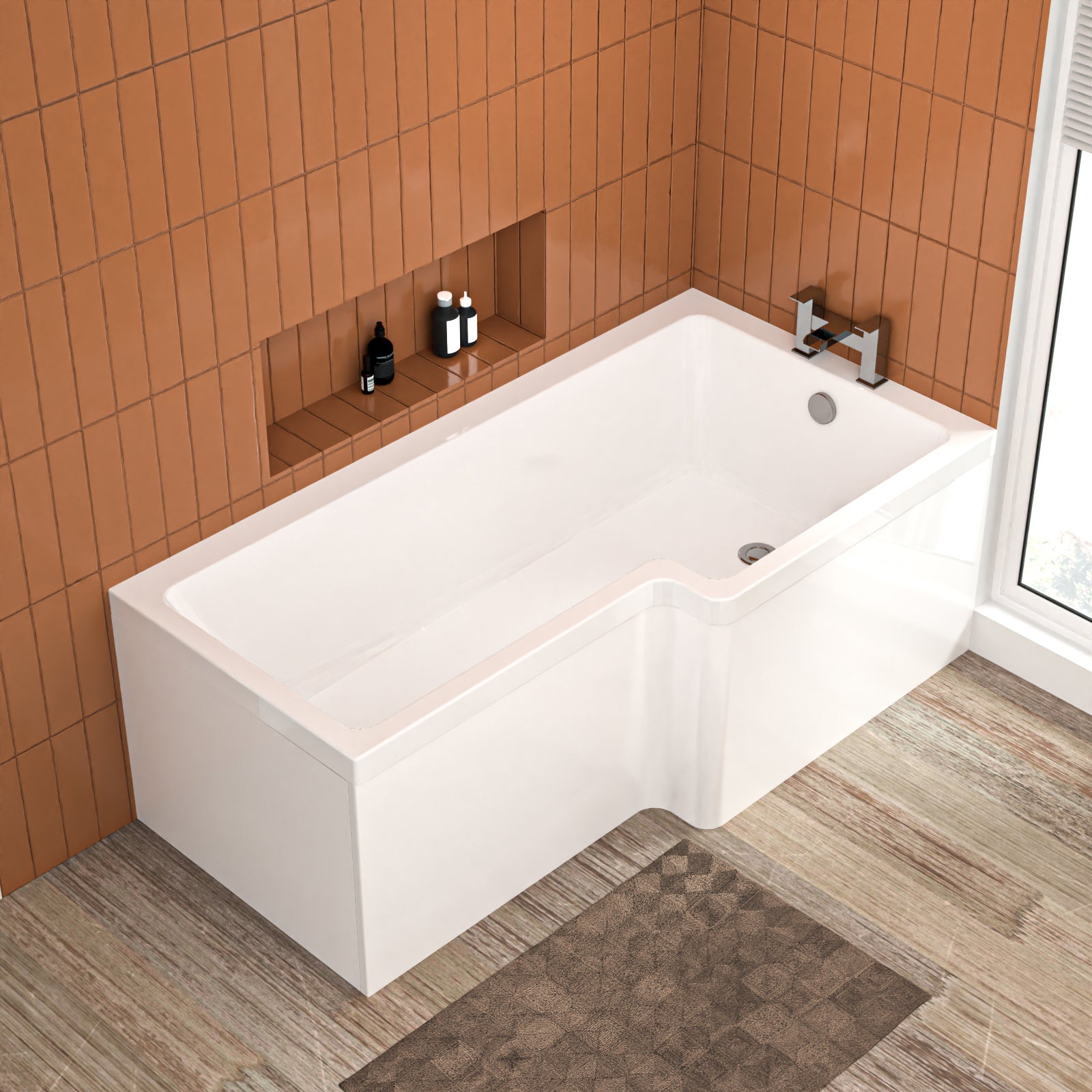1600mm x 850mm L Shaped RH Curved Shower Bath Acrylic & Front Panel