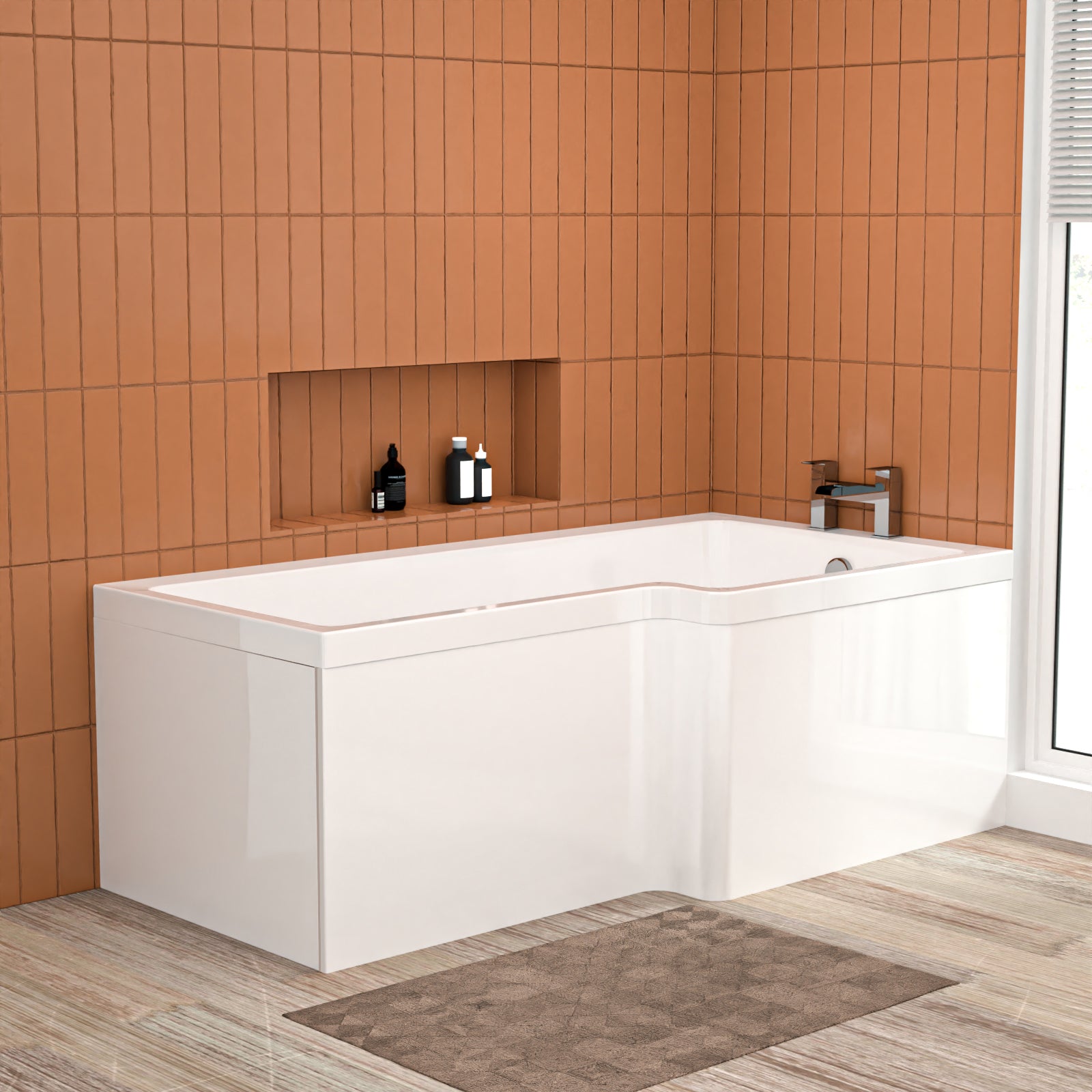 1600mm x 850mm L Shaped RH Curved Shower Bath Acrylic & Front Panel