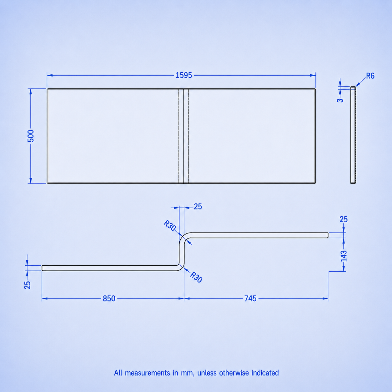 1600mm x 850mm L Shaped RH Curved Shower Bath Acrylic & Front Panel & Bath Screen