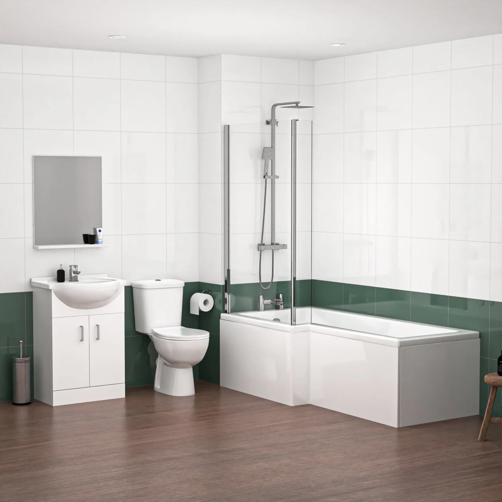 1800mm LH L Shaped Bath, Front Panel, Screen With 550mm Vanity & Toilet