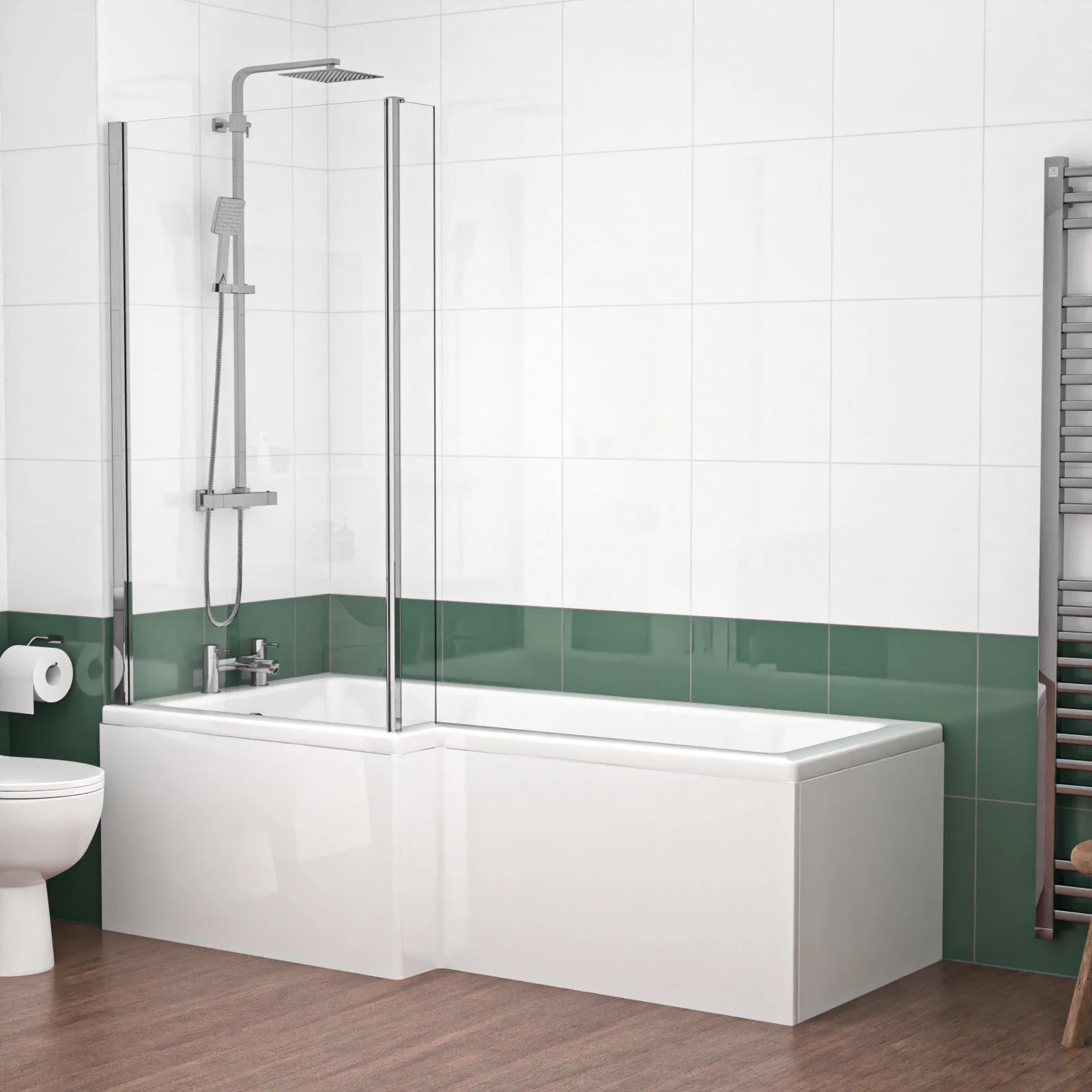 1800mm LH L Shaped Bath, Front Panel, Screen With 550mm Vanity & Toilet