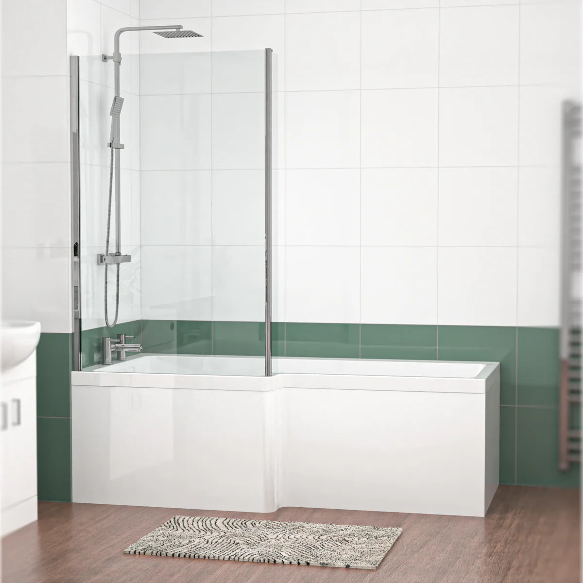 1800mm x 850mm L Shaped LH Curved Shower Bath Acrylic & Front Panel & Bath Screen