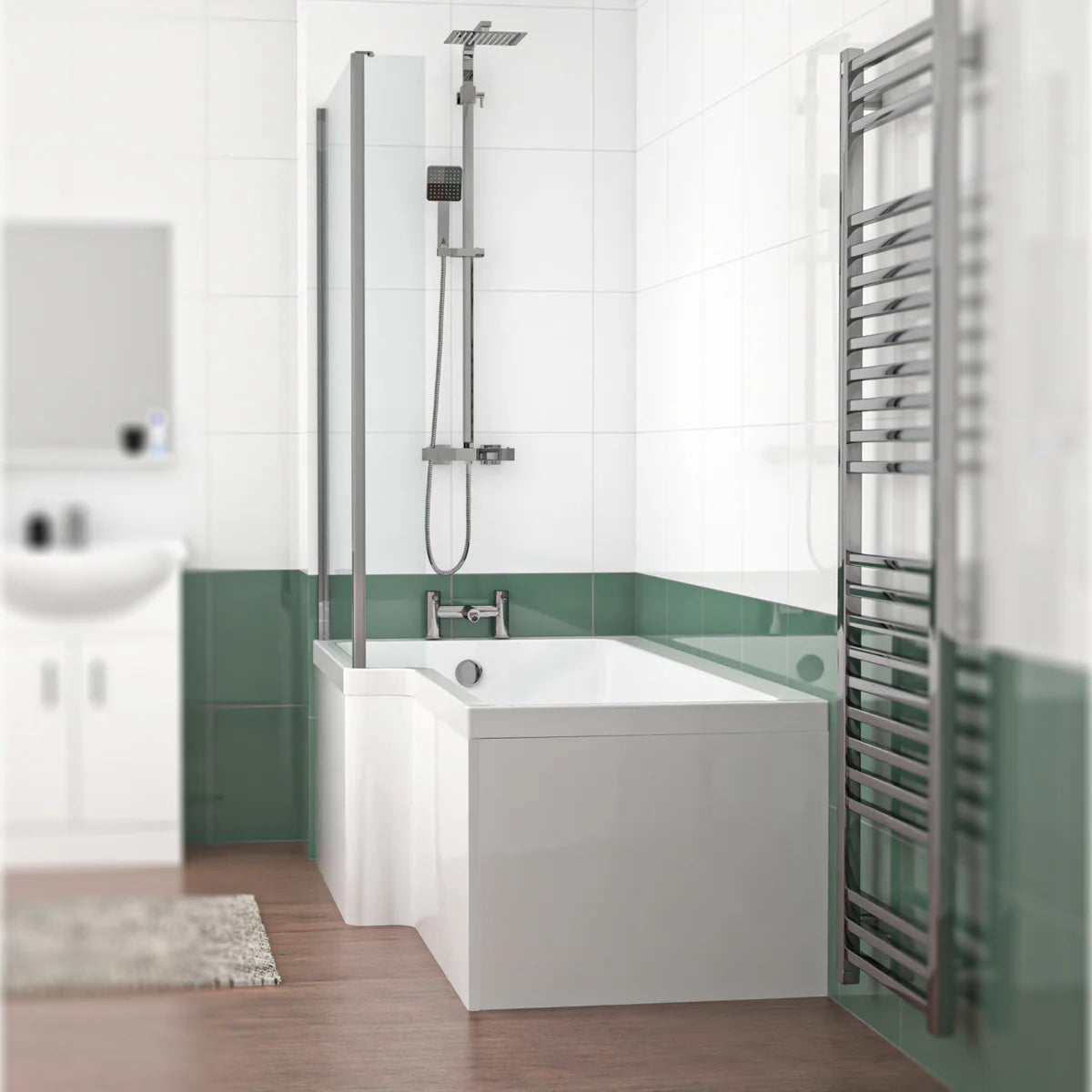 1800mm x 850mm L Shaped LH Curved Shower Bath Acrylic & Front Panel & Bath Screen