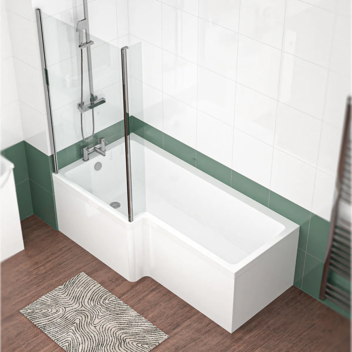 1800mm x 850mm L Shaped LH Curved Shower Bath Acrylic & Front Panel & Bath Screen