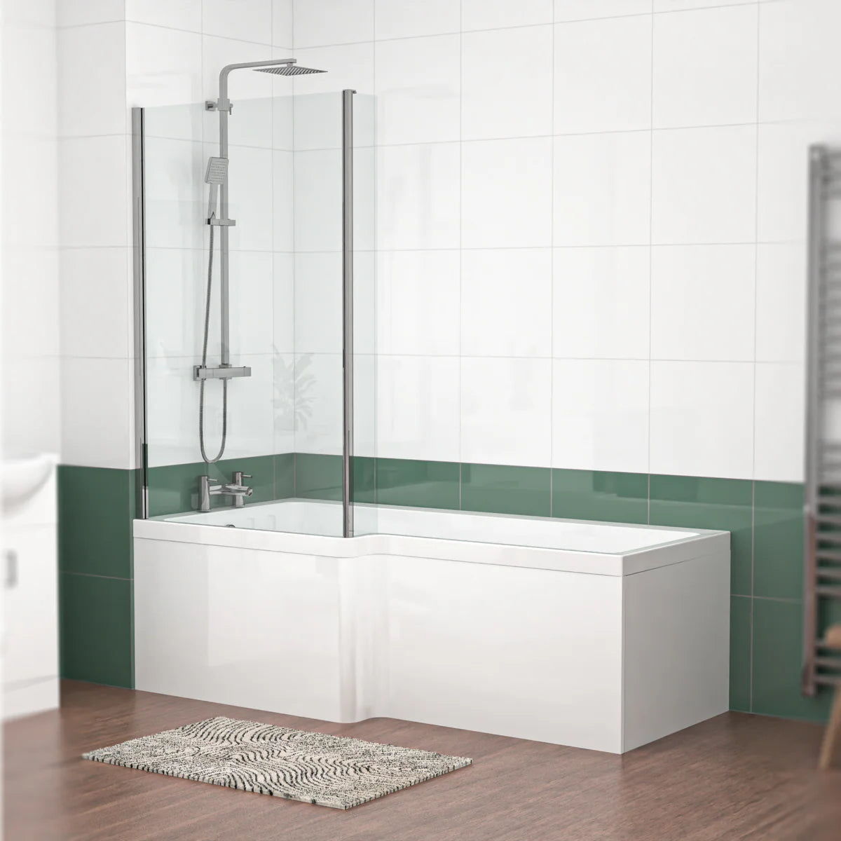 1800mm x 850mm L Shaped LH Curved Shower Bath Acrylic & Front Panel & Bath Screen
