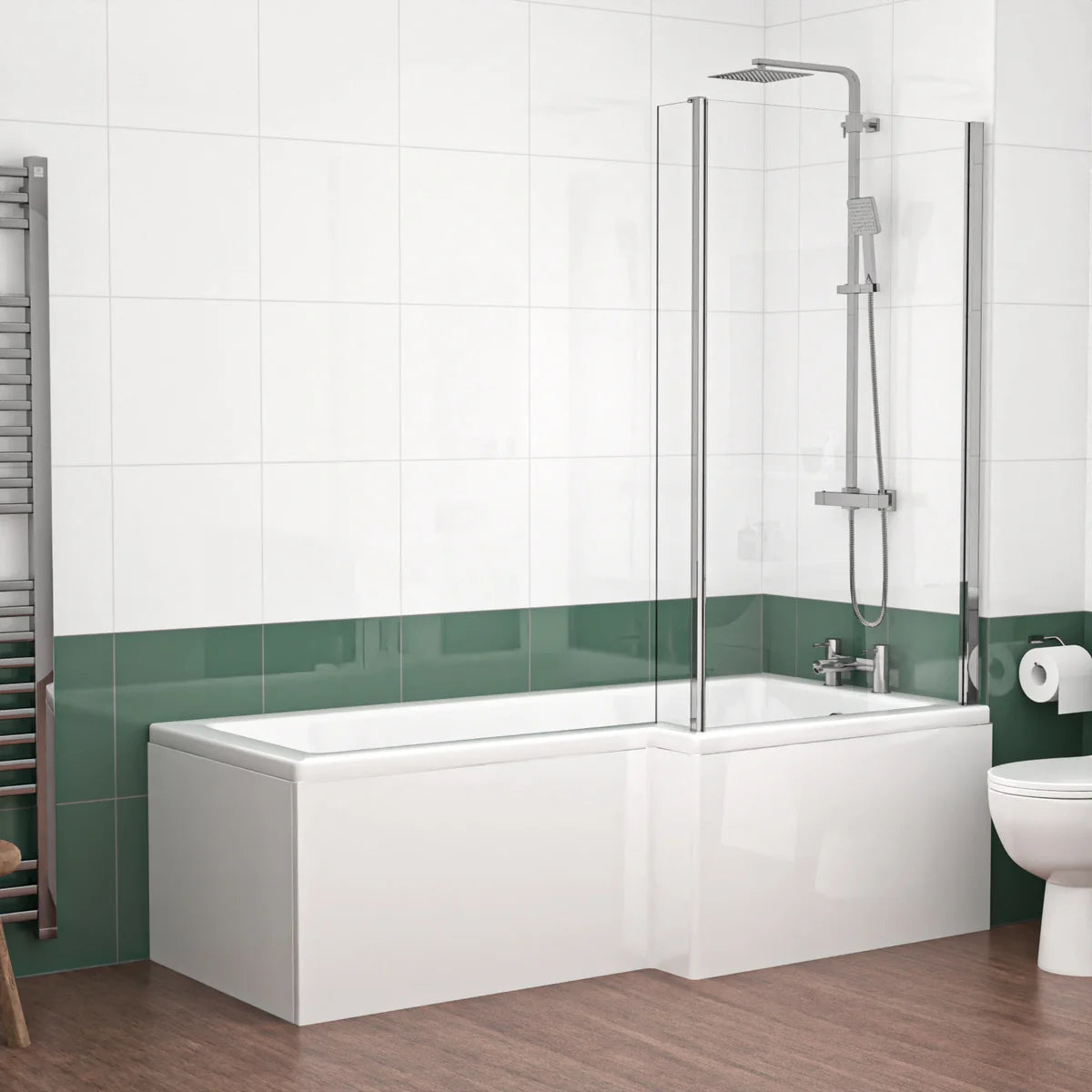 1800mm RH L Shaped Bath, Front Panel, Screen With 550mm Vanity & Toilet