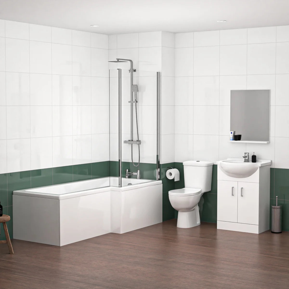 1800mm RH L Shaped Bath, Front Panel, Screen With 550mm Vanity & Toilet