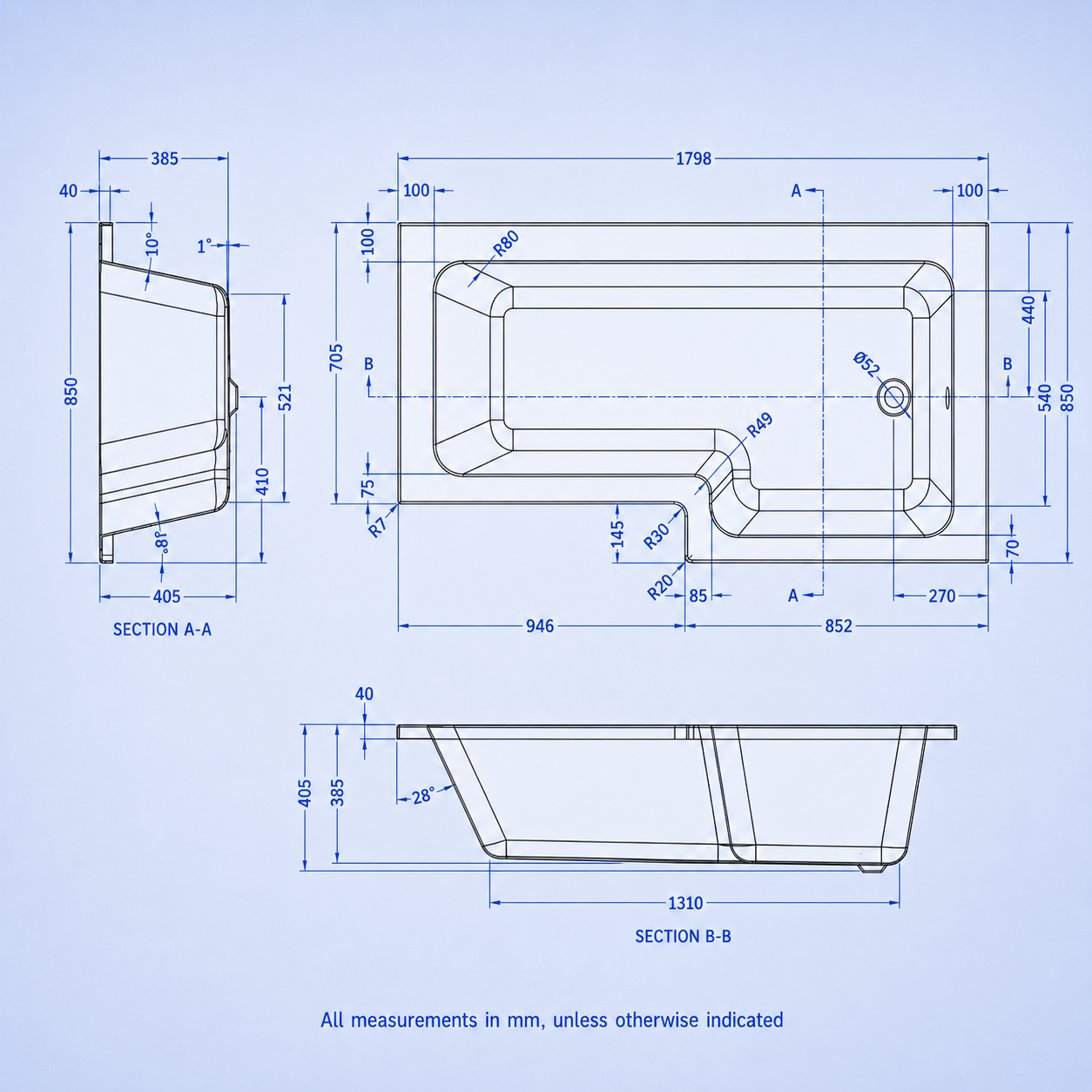 1800mm x 850mm L Shaped RH Curved Shower Bath Acrylic & Front Panel