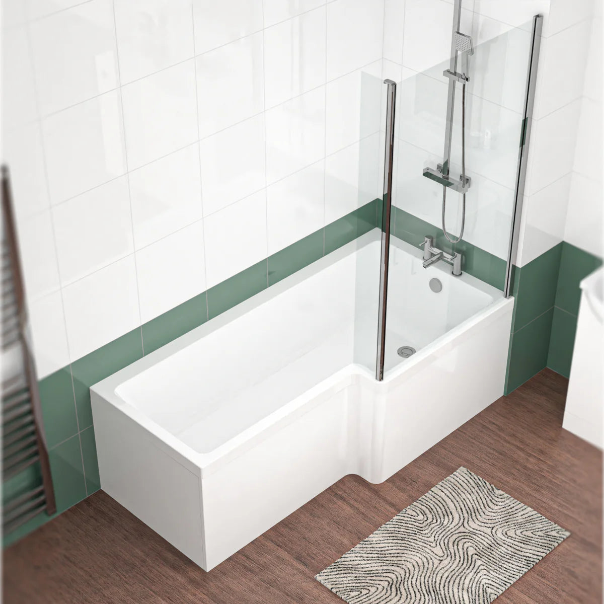 1800mm x 850mm L Shaped RH Curved Shower Bath Acrylic & Front Panel & Bath Screen