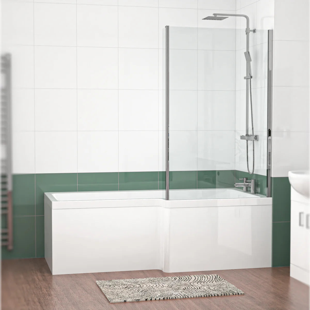 1800mm x 850mm L Shaped RH Curved Shower Bath Acrylic & Front Panel & Bath Screen