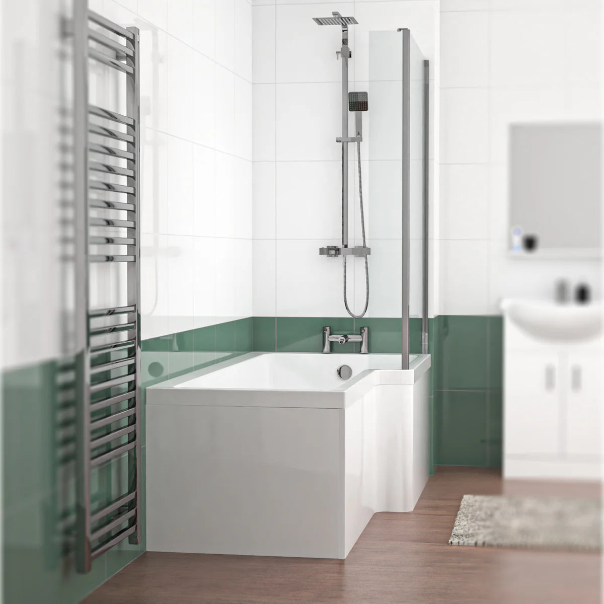 1800mm x 850mm L Shaped RH Curved Shower Bath Acrylic & Front Panel & Bath Screen