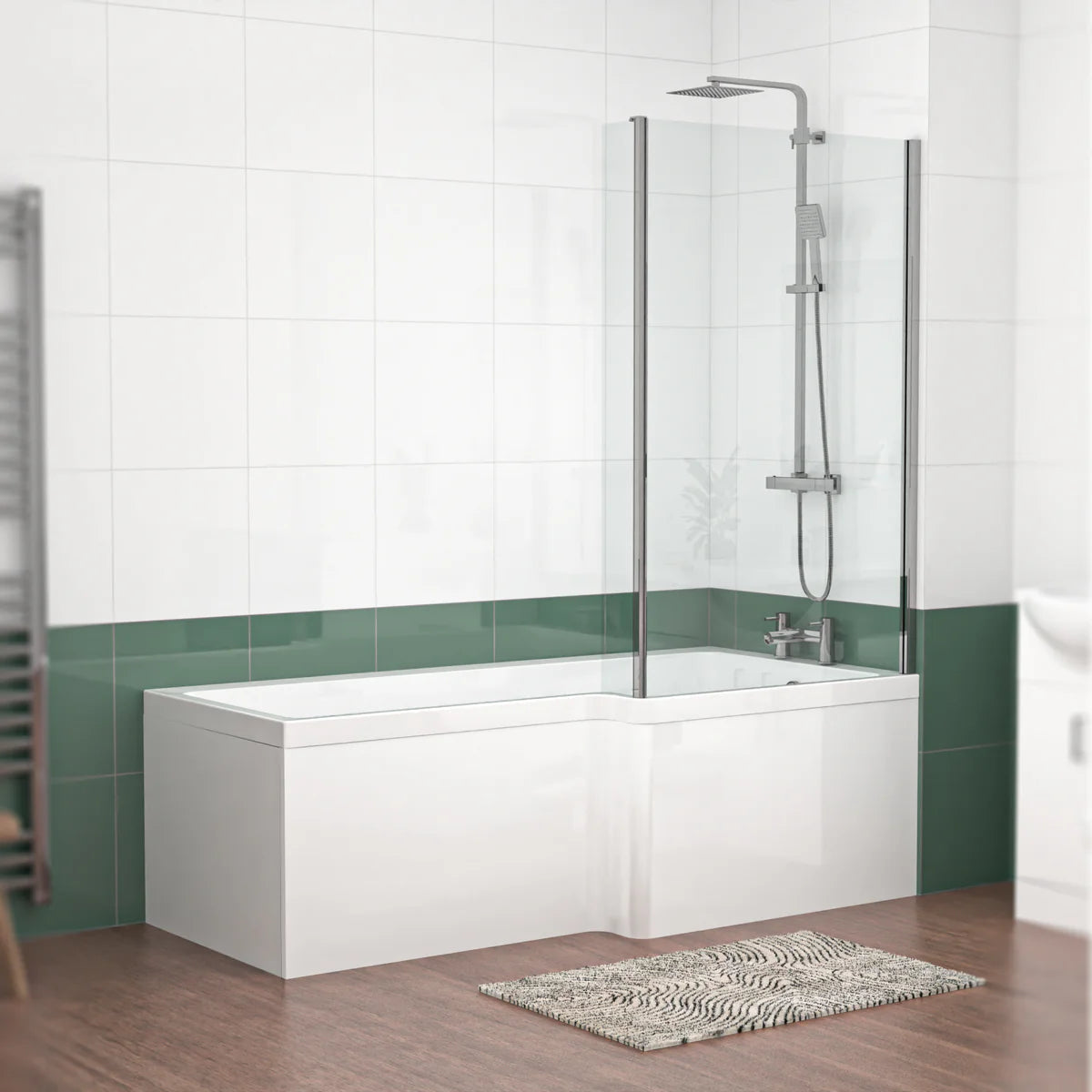 1800mm x 850mm L Shaped RH Curved Shower Bath Acrylic & Front Panel & Bath Screen