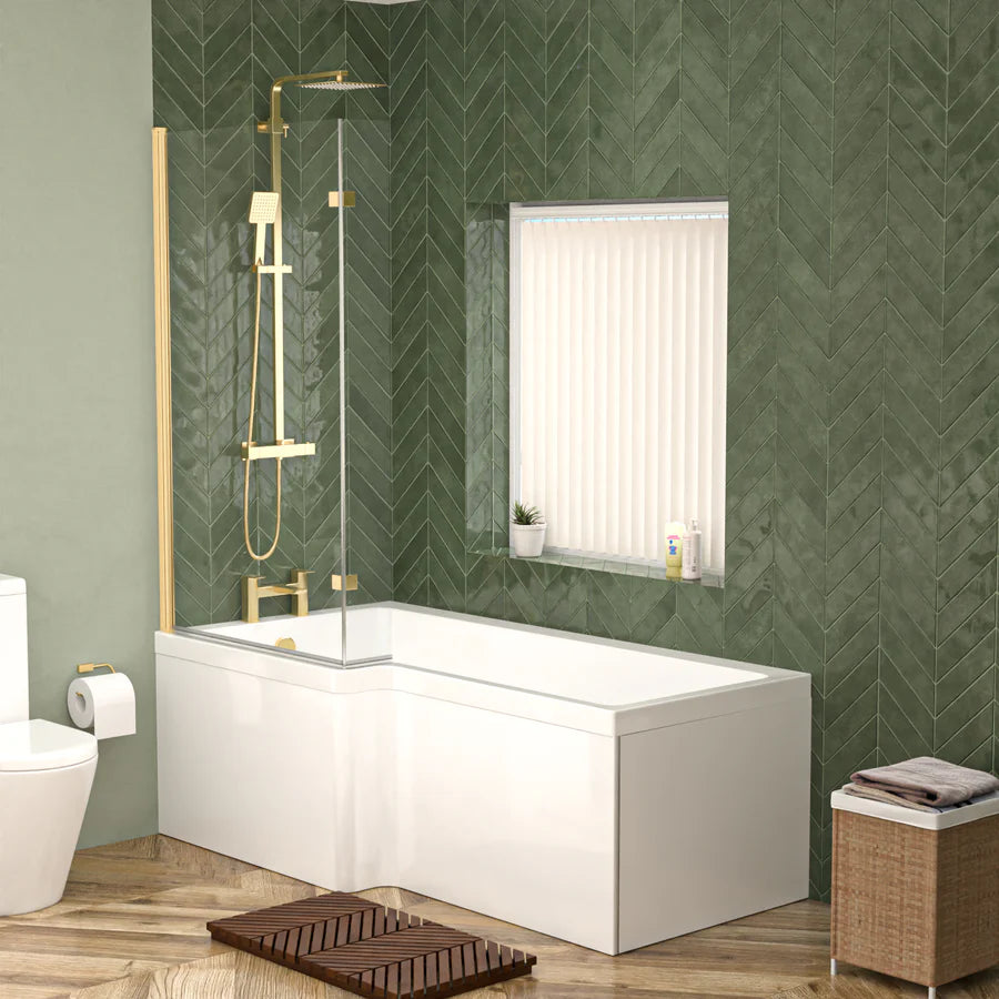 Nanuya L-Shaped LH Shower Bath Basin Vanity Toilet Set Brushed Brass Taps
