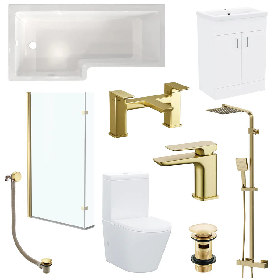 Nanuya L-Shaped LH Shower Bath Basin Vanity Toilet Set Brushed Brass Taps