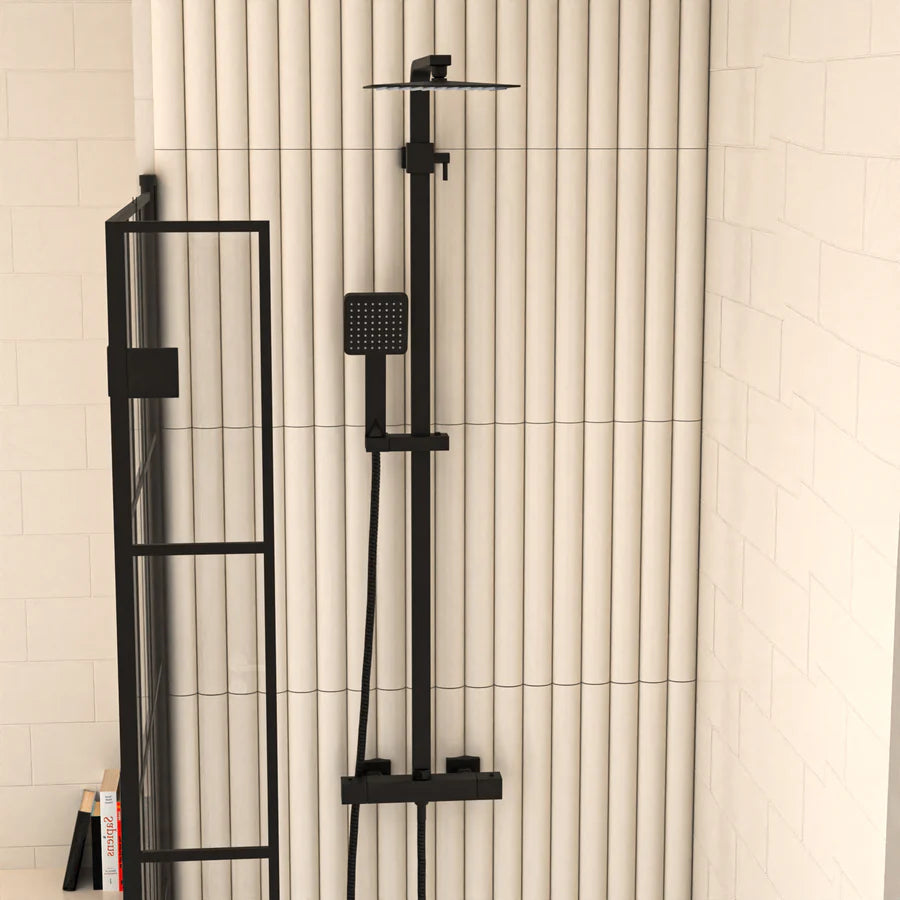 Nanuya L-Shaped LH Bath Shower Dark Grey Basin Vanity Toilet Matte Black Taps