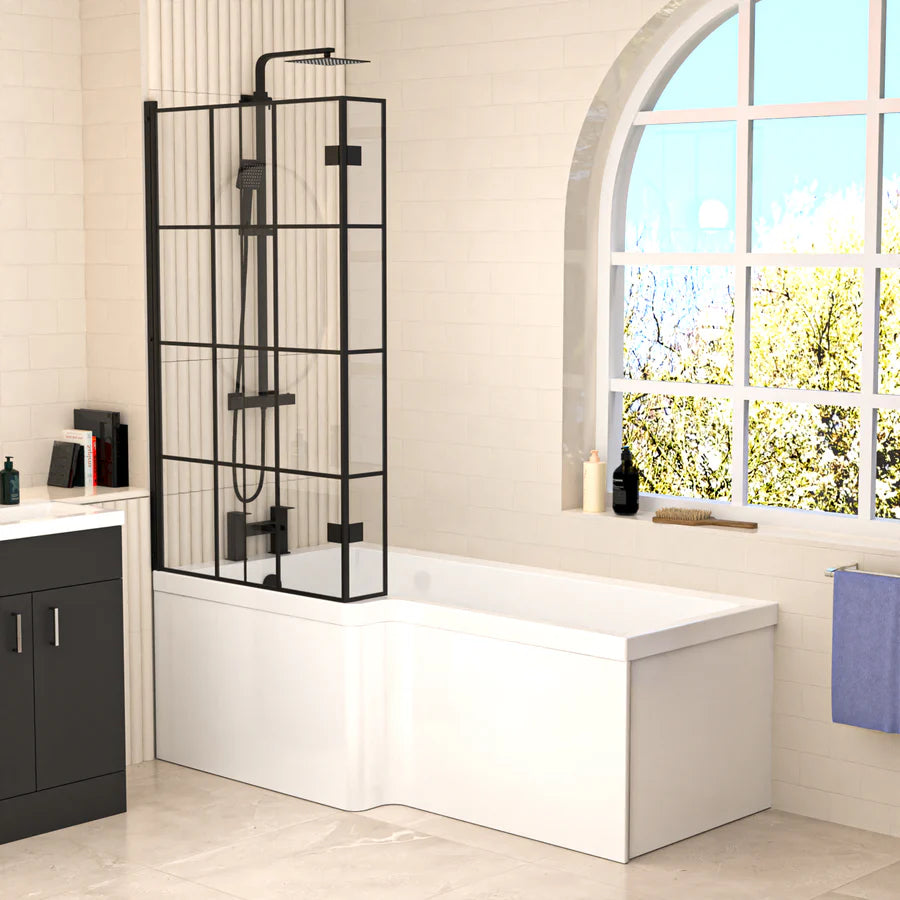 Nanuya L-Shaped LH Bath Shower Dark Grey Basin Vanity Toilet Matte Black Taps