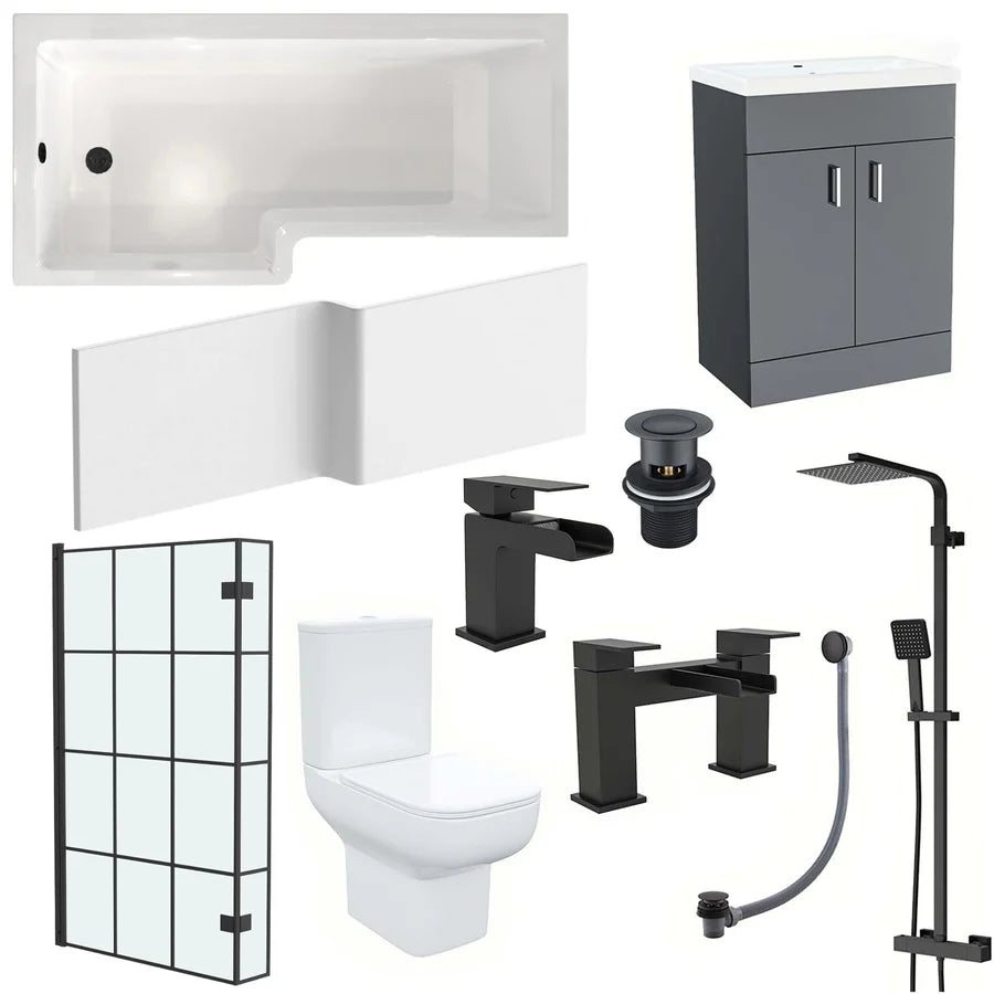 Nanuya L-Shaped LH Bath Shower Dark Grey Basin Vanity Toilet Matte Black Taps