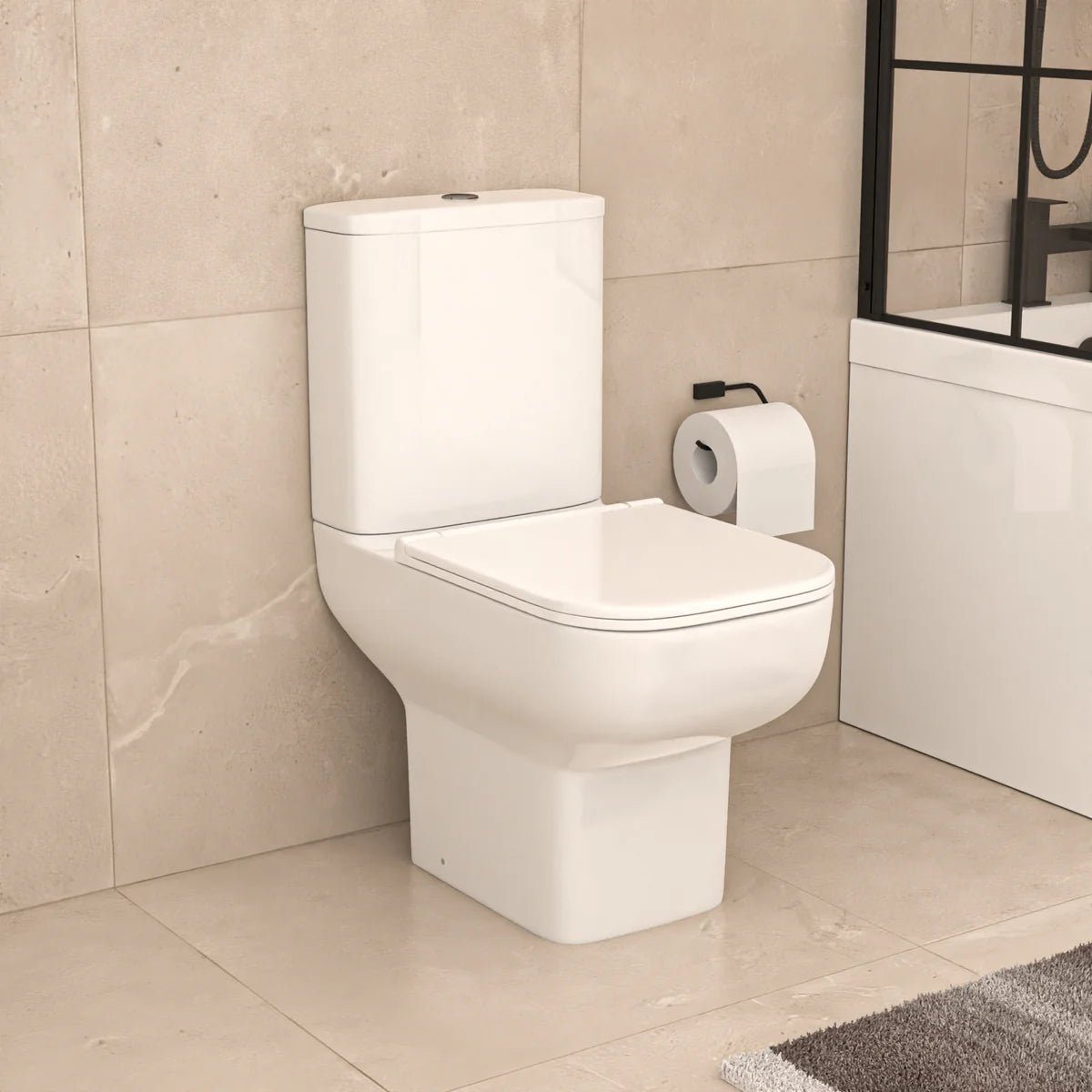 Alaska L-Shaped LH Bath Shower White Doors Vanity Toilet Matte Black Taps