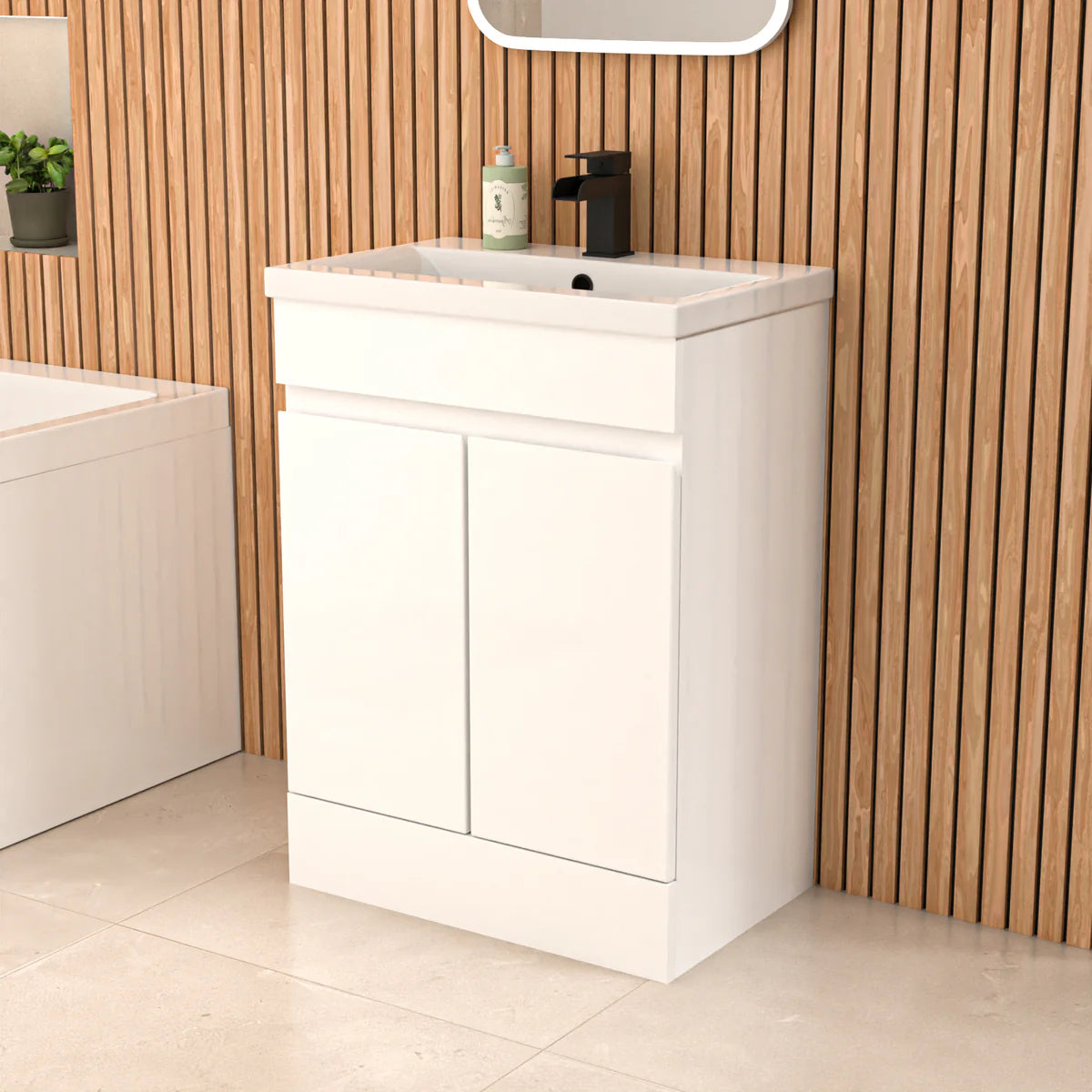 Alaska L-Shaped LH Bath Shower White Doors Vanity Toilet Matte Black Taps