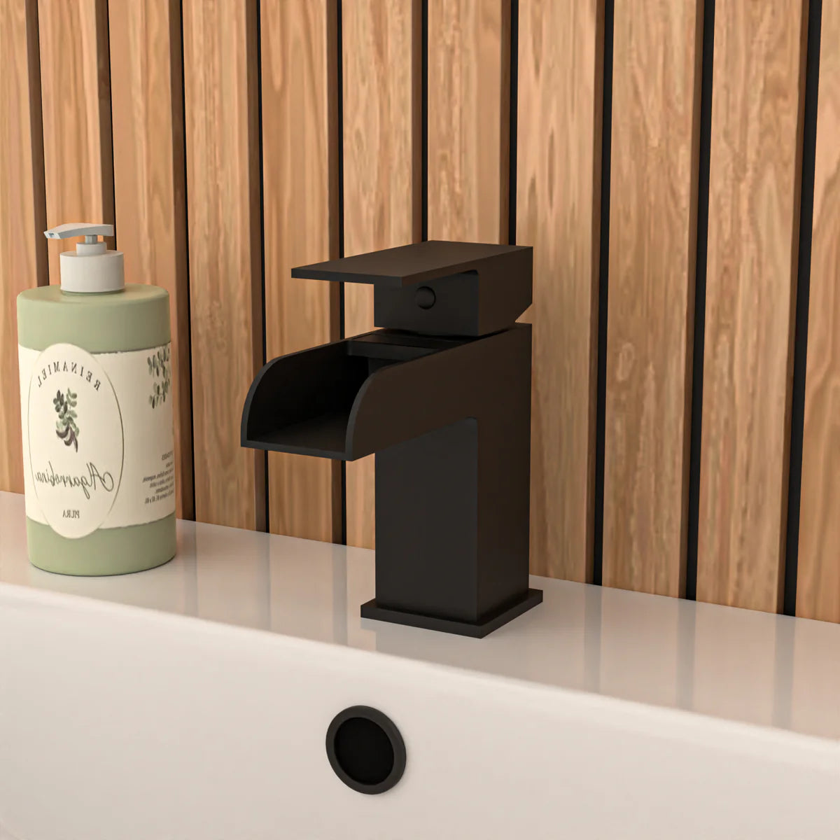 Alaska L-Shaped LH Bath Shower White Doors Vanity Toilet Matte Black Taps