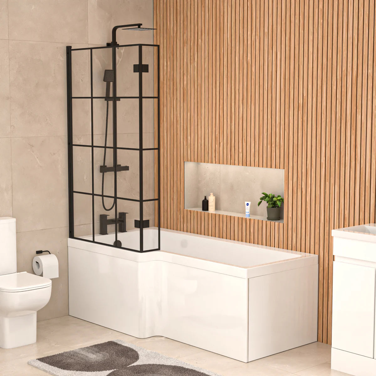 Alaska L-Shaped LH Bath Shower White Doors Vanity Toilet Matte Black Taps