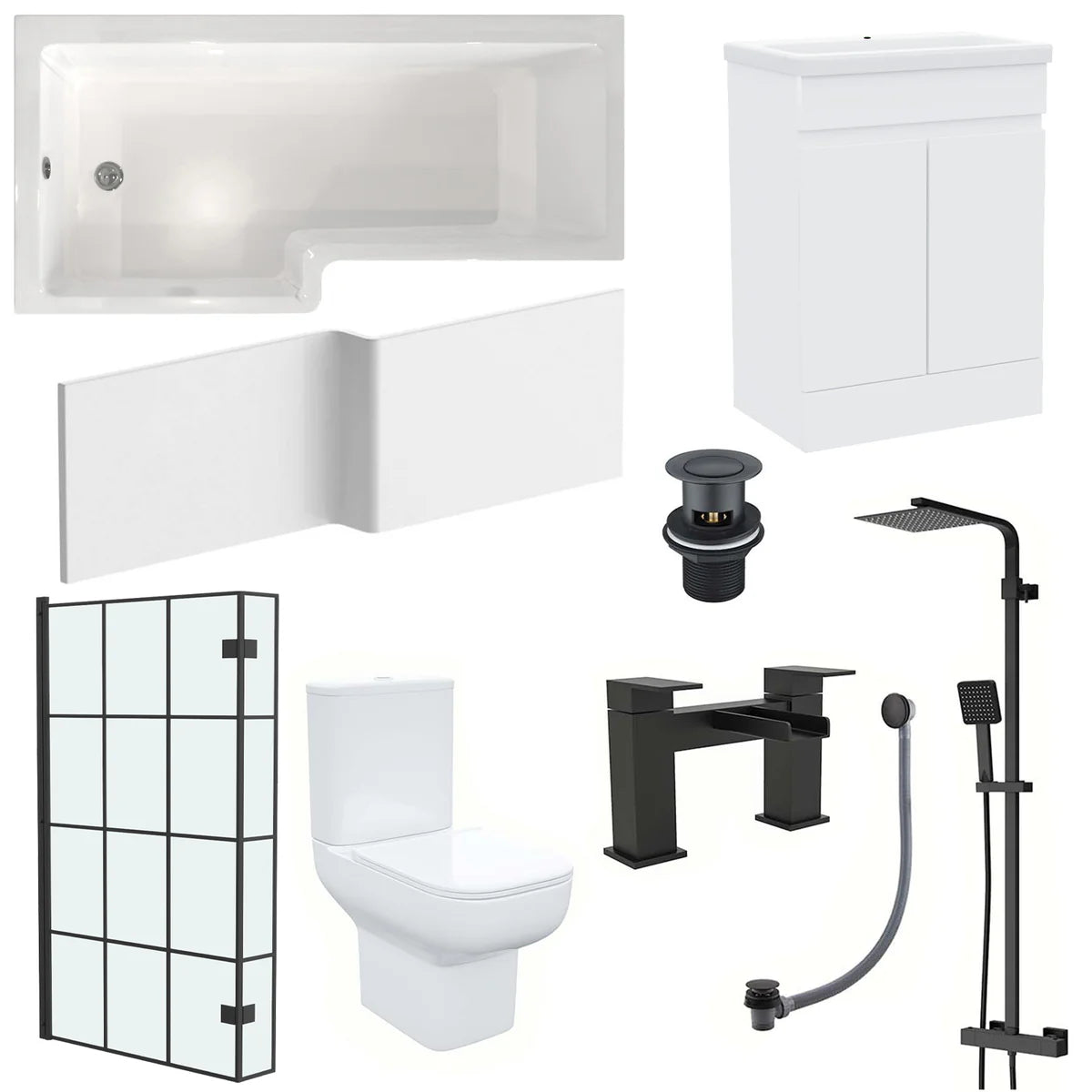 Alaska L-Shaped LH Bath Shower White Doors Vanity Toilet Matte Black Taps