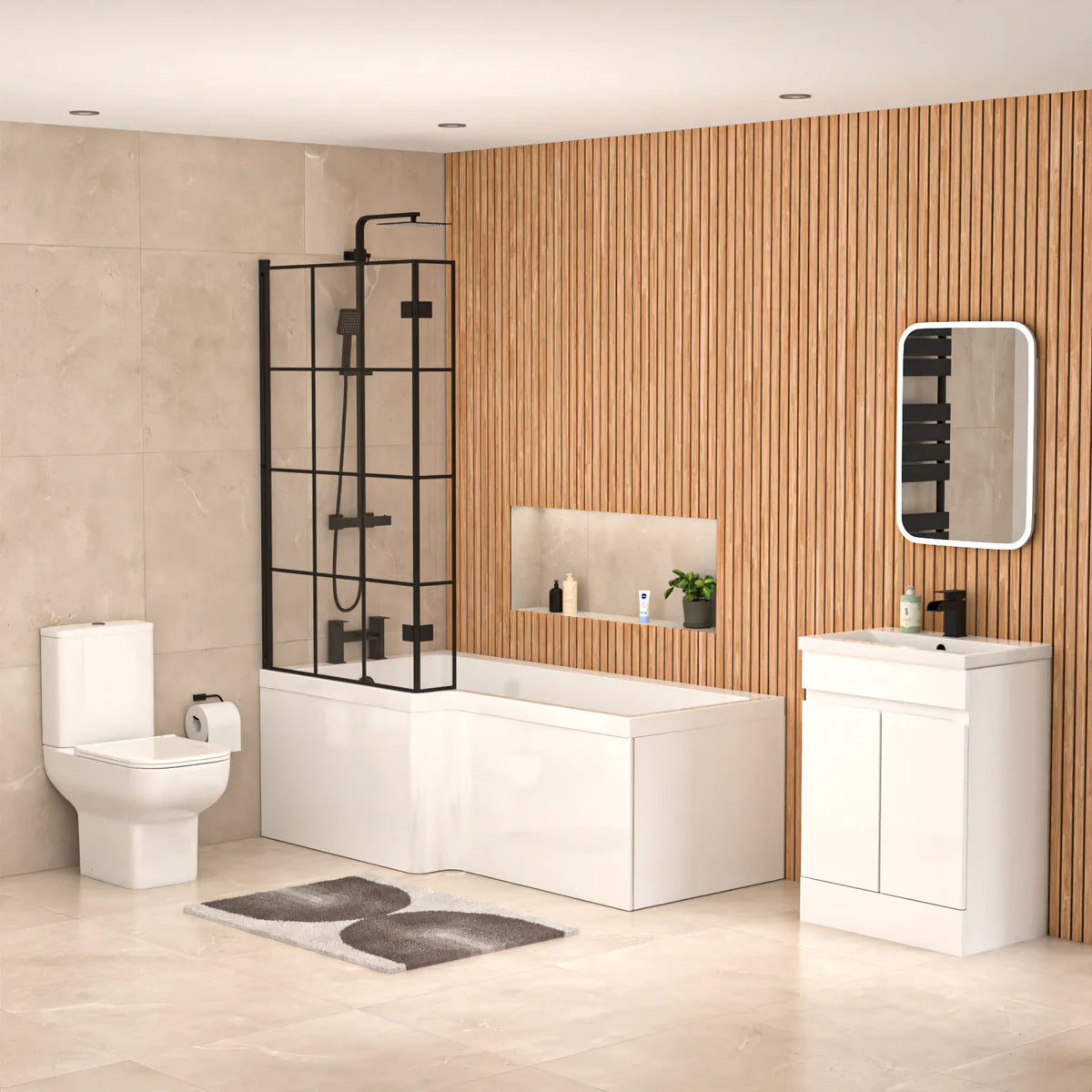 Alaska L-Shaped LH Bath Shower White Doors Vanity Toilet Matte Black Taps