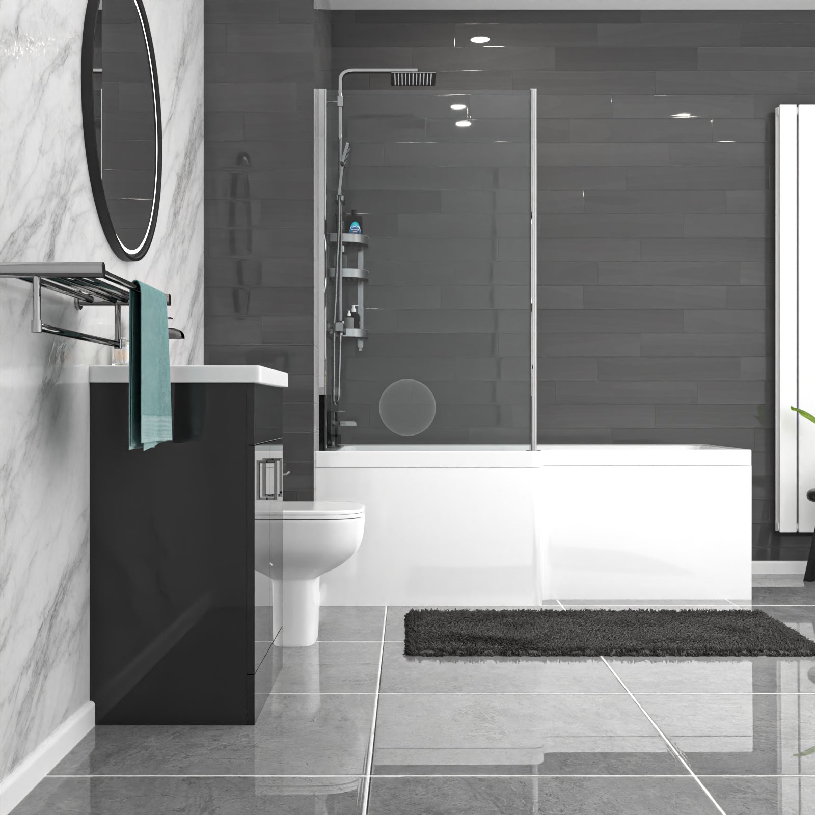 Nanuya White L-Shaped LH Shower Bath & Basin BTW Toilet Vanity With Taps