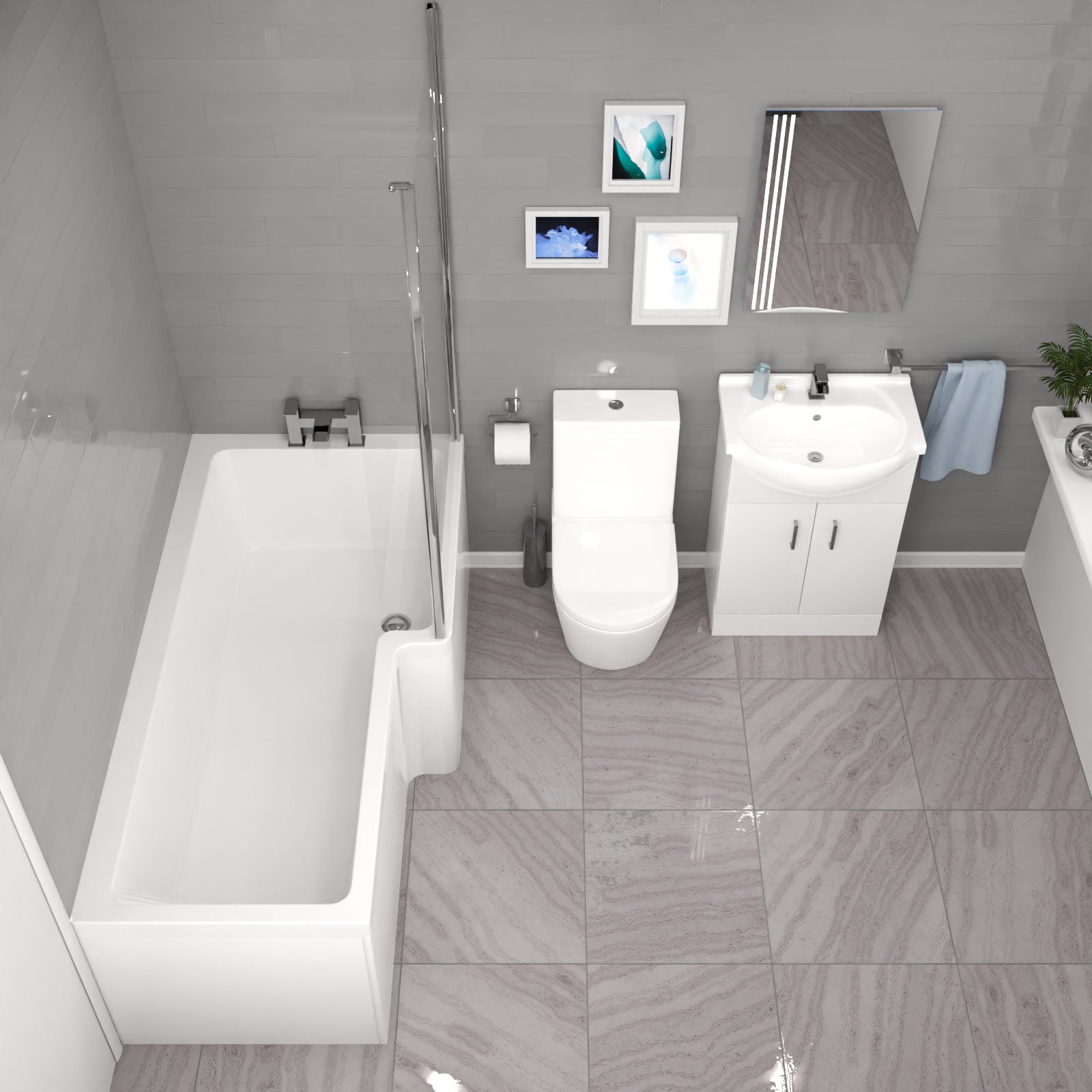 Ellen L-Shaped Shower Bath with Vanity Unit & Toilet