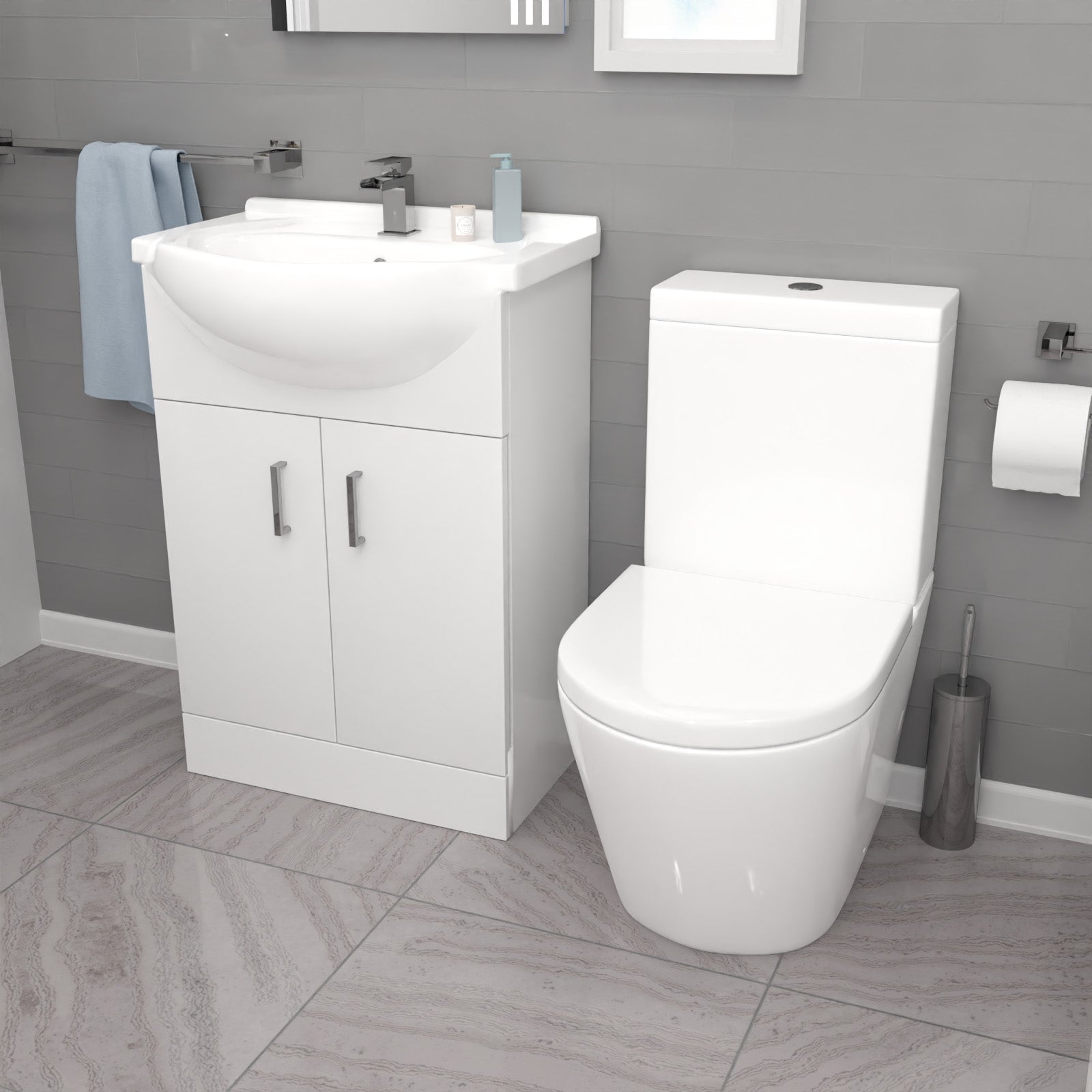 Ellen L-Shaped Shower Bath with Vanity Unit & Toilet